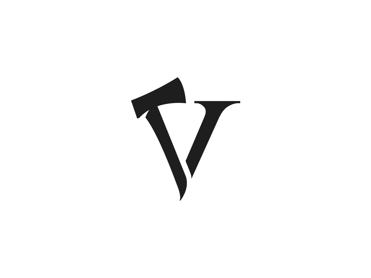 Black letter V with a stylized, tilted top on a white background.