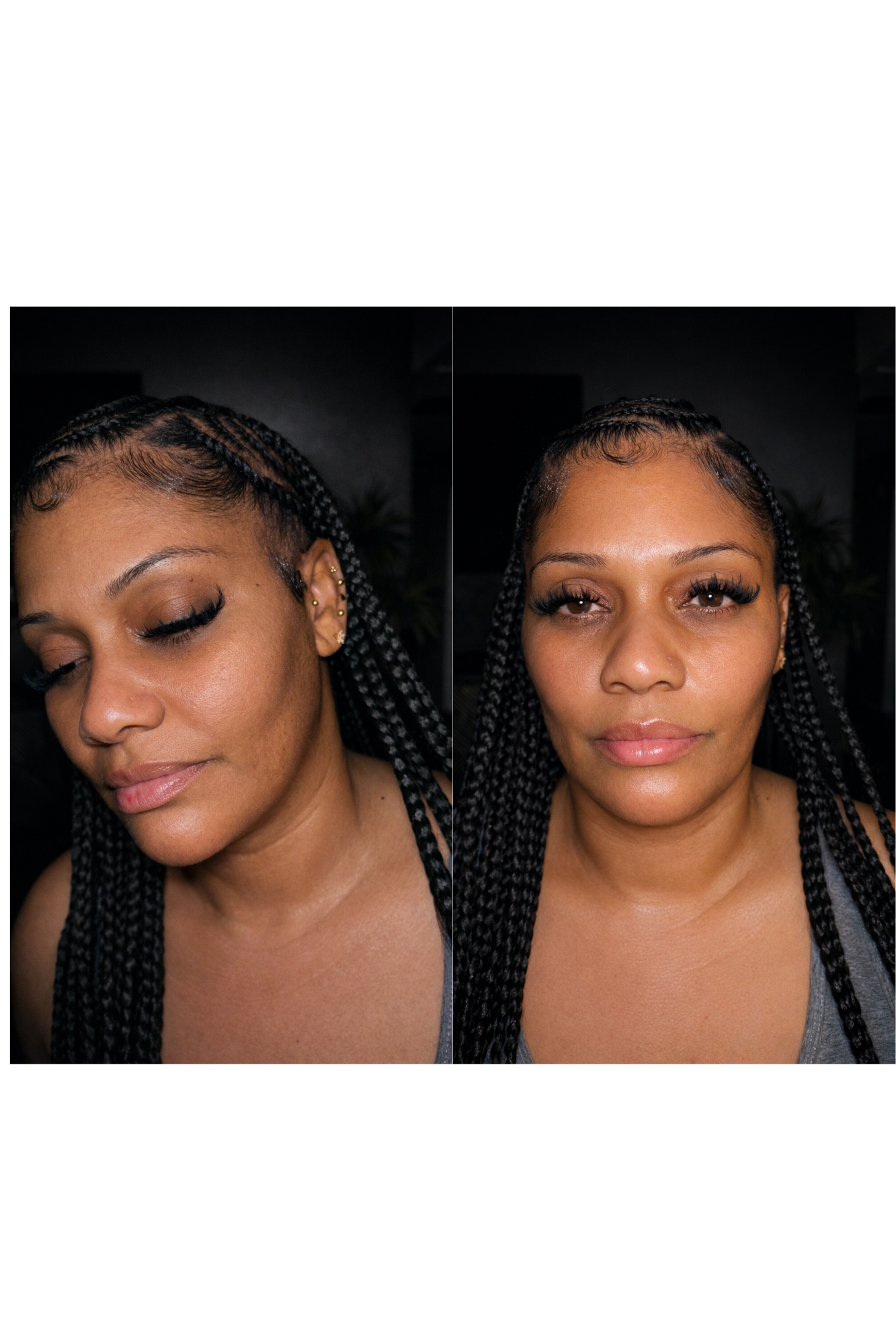 Side-by-side comparison of a woman before and after makeup and skincare, with braided hair and earrings, in a dark background. Aura by Joogie real clients and real testimonials.