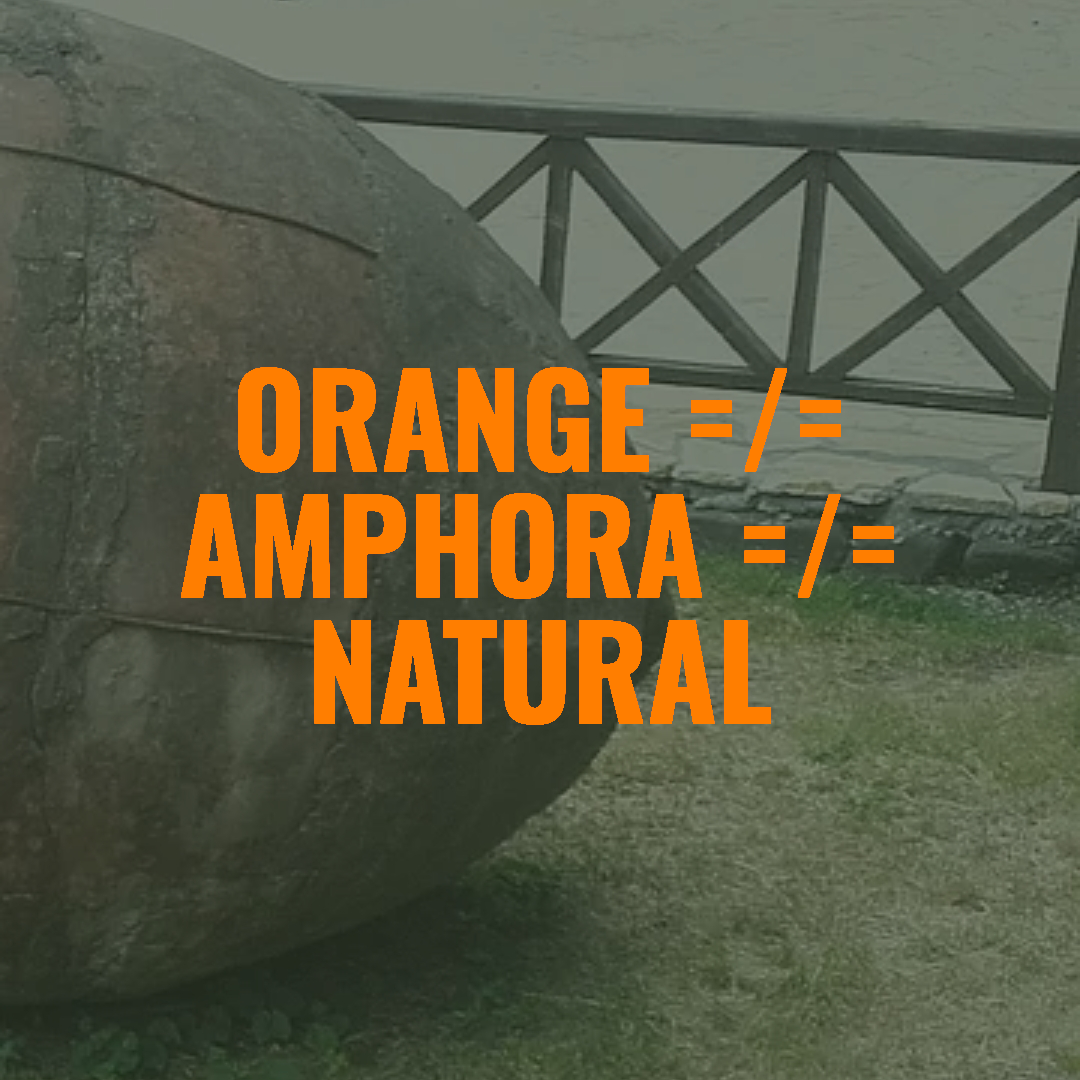 The image shows a large wooden or metal barrel with a bridge in the background. Overlaid in orange text are the words: "ORANGE /=, AMPHORA /=, NATURAL".