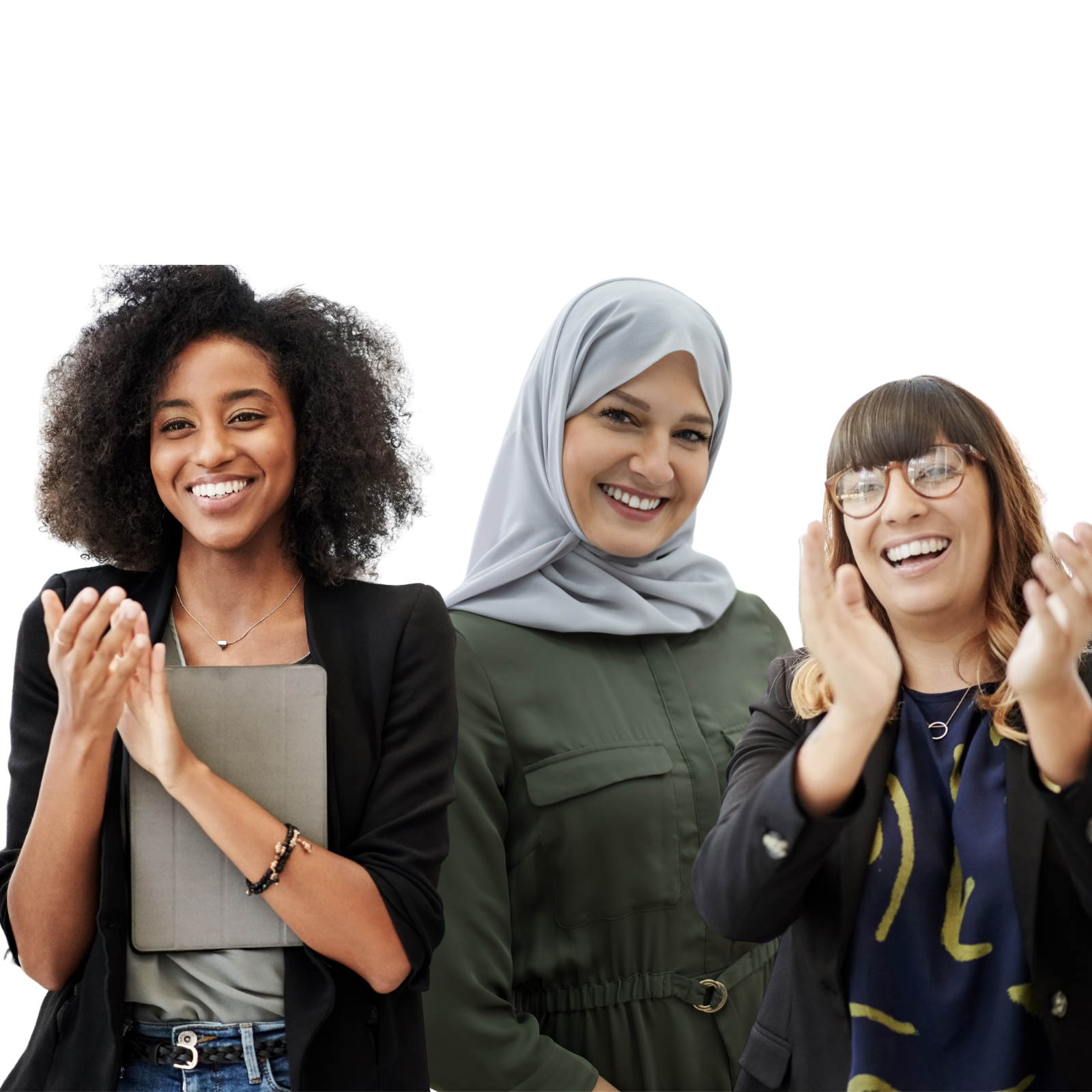 Three women smiling and clapping, one holding a gray tablet, one wearing a hijab, and one with glasses and brown hair with bangs, all wearing dark blazers.