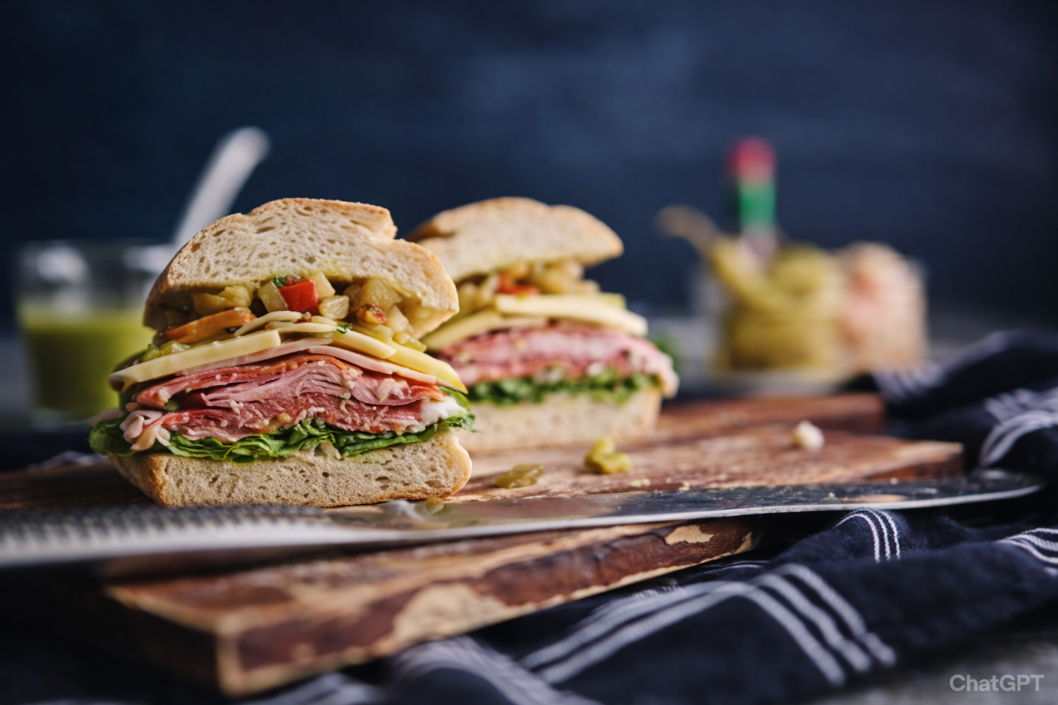 Close-up of two sandwiches with various meats, cheese, vegetables, and bread on a wooden surface with a dark background.