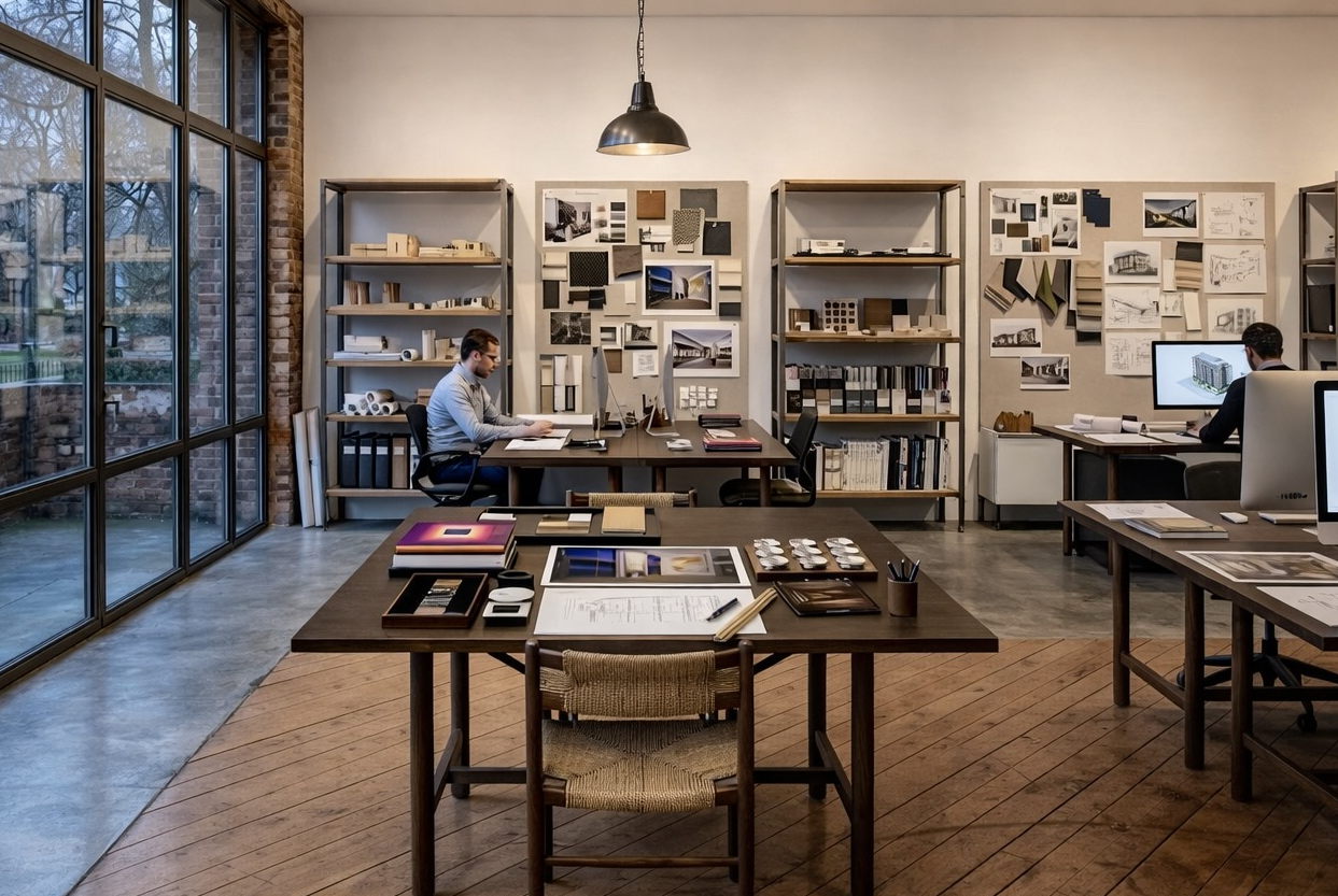 An architect's or designer's office with two people working at desks and shelving filled with design samples, sketches, and materials, surrounded by large windows and warm lighting.