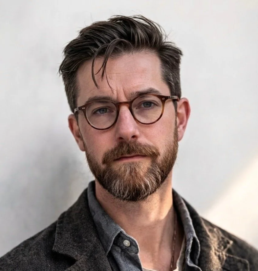 Man with short, dark hair and a beard wearing round glasses and a dark blazer over a collared shirt.