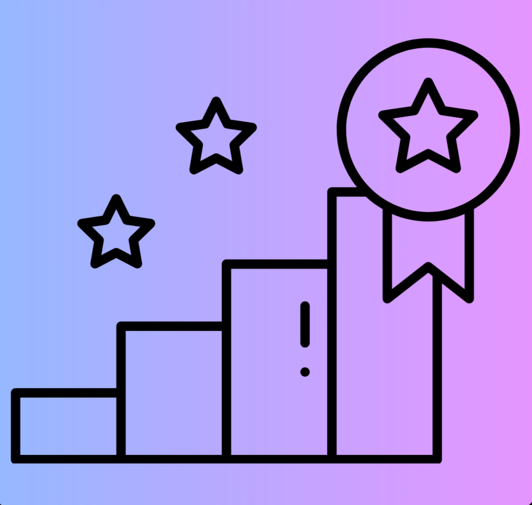 Line drawing of a winner's podium with three levels, stars around, and a ribbon with a star on it, against a purple gradient background.