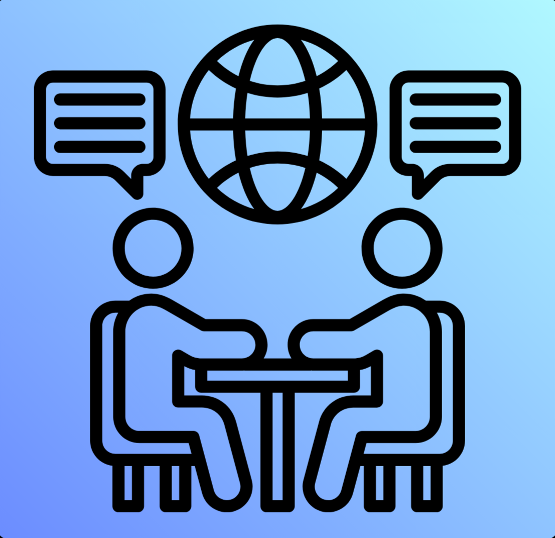 Icon of two people sitting at a table with a globe and chat bubbles above them, representing communication or discussion.
