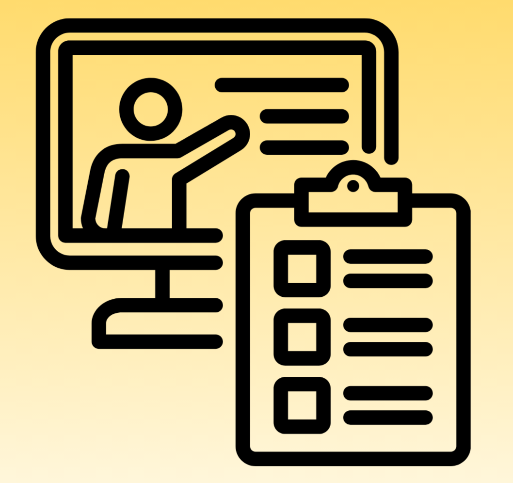 Icon of a person teaching in a classroom with a chalkboard and a clipboard.