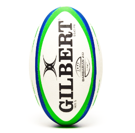 A rugby ball with a white, blue, and green design, labeled 'GILBERT' and 'Official Match Ball'.
