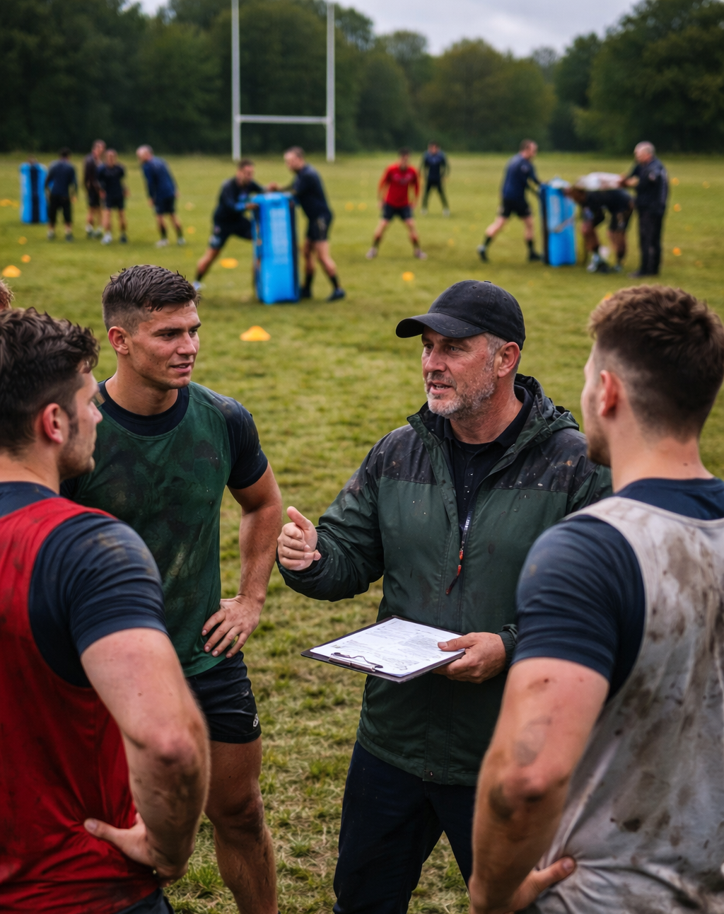 A rugby coach talks to players on a muddy field during a training session, with more players practicing in the background.