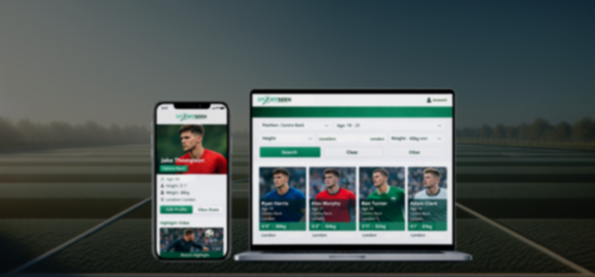 A smartphone and laptop displaying sports player profiles and photos on a betting app with a stadium background.