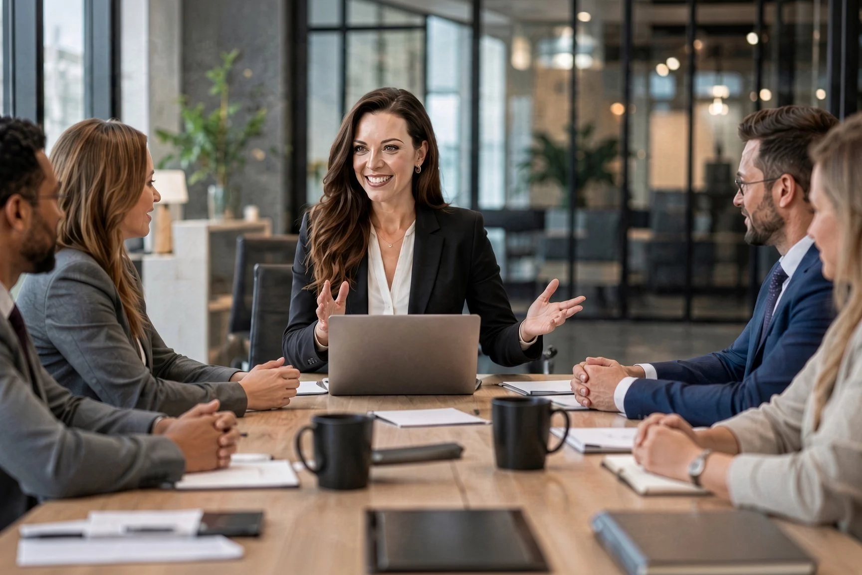 Businesswoman leading a meeting with five colleagues at a conference table in an office.