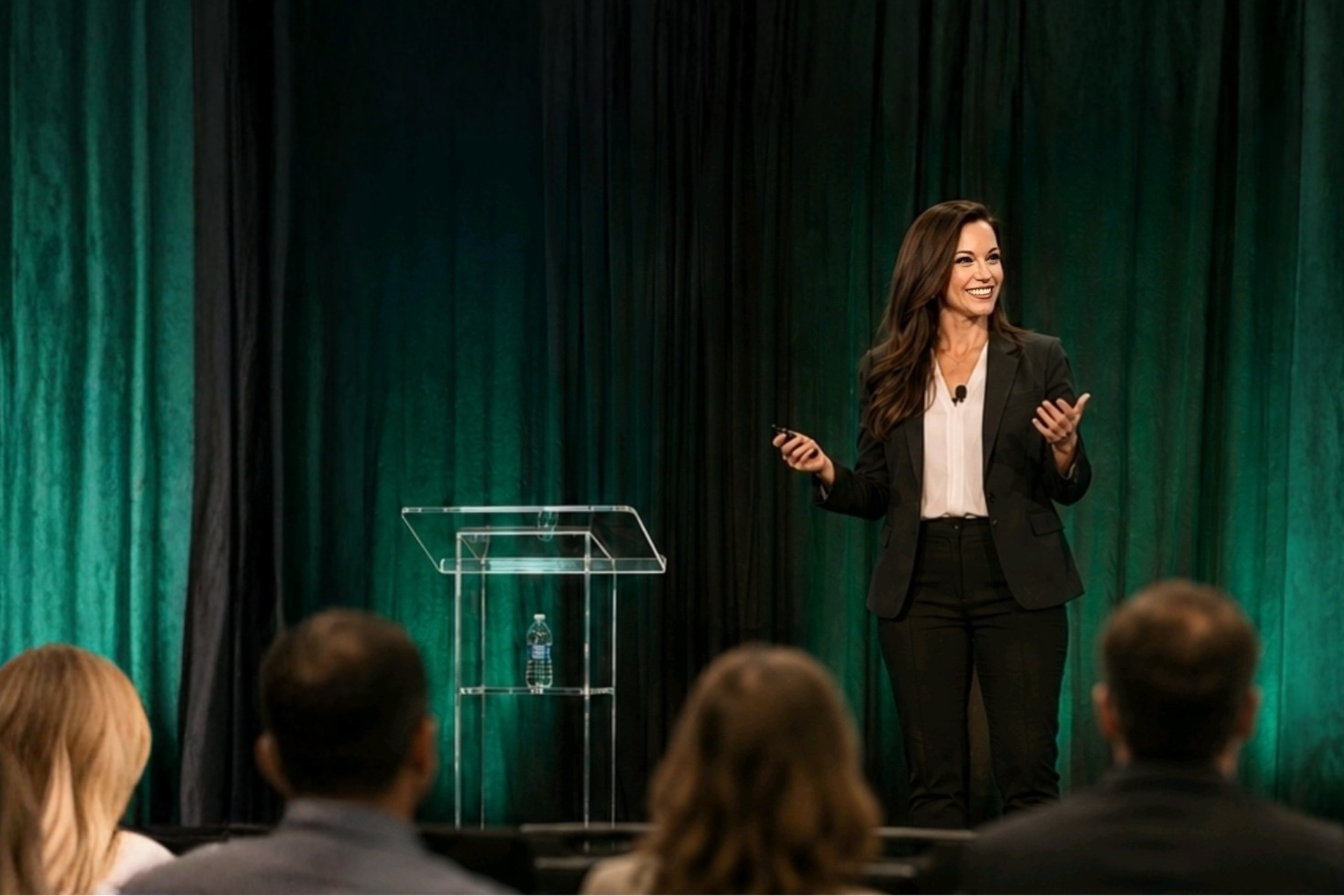 A woman giving a presentation on stage in front of an audience, with a green and black curtain backdrop and a clear podium beside her.