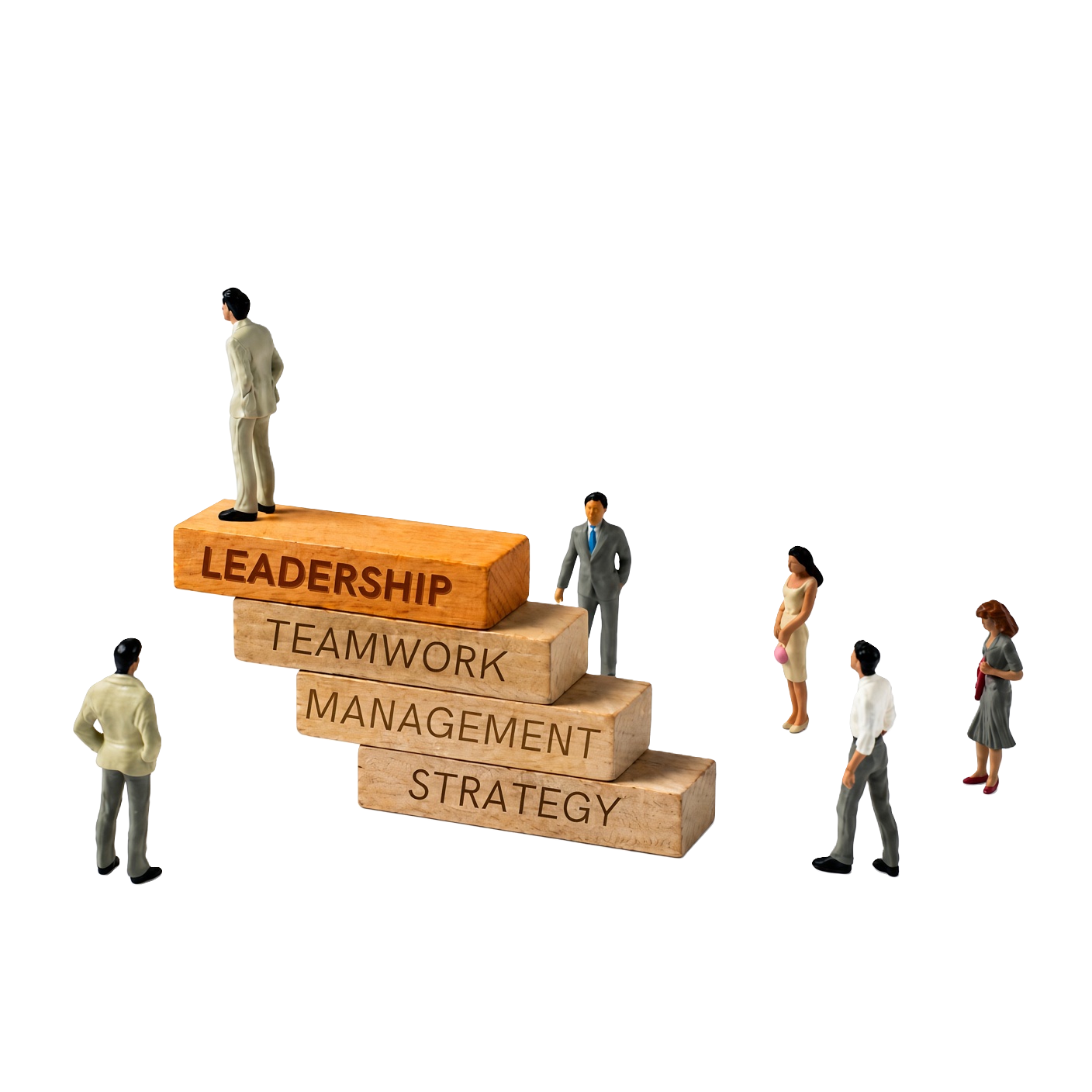 A conceptual illustration showing small figurines of business people around a staircase made of wooden blocks. The blocks are labeled 'Leadership,' 'Teamwork,' 'Management,' and 'Strategy,' with 'Leadership' at the top. The people are positioned as if climbing or standing on the blocks, symbolizing professional growth and organizational hierarchy.