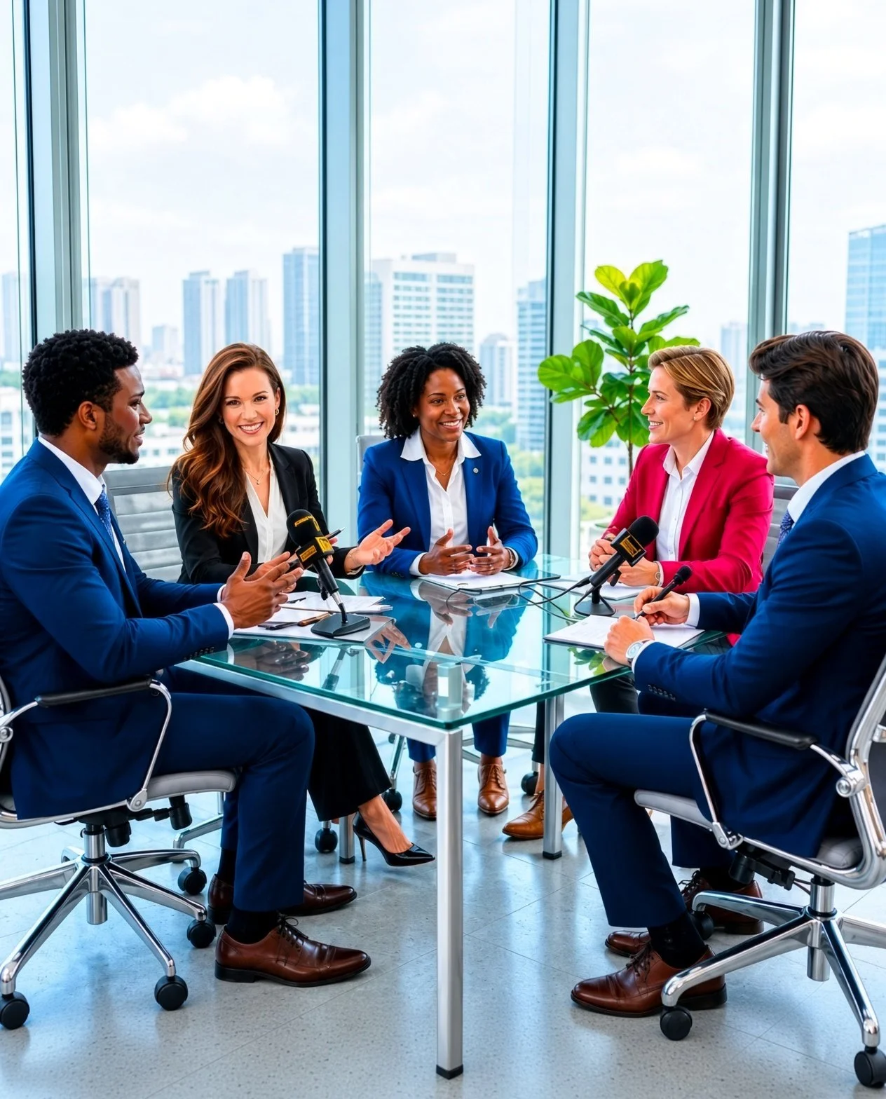 Business meeting with six professionals sitting around a glass conference table in a high-rise office, discussing, with city skyline and large windows in the background.
