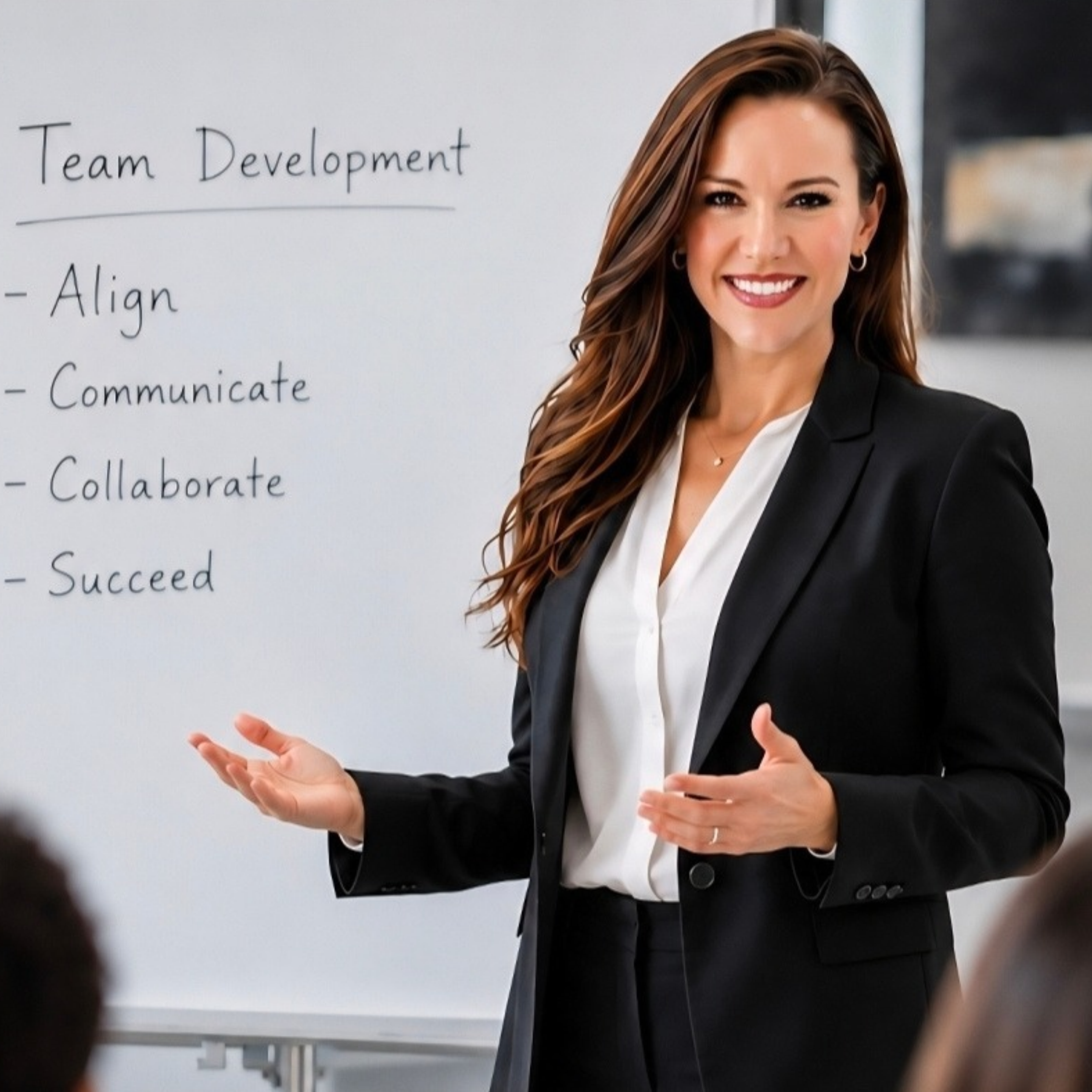 A professional woman with long brown hair smiling and speaking, standing in front of a whiteboard with the words "Team Development" written on it.
