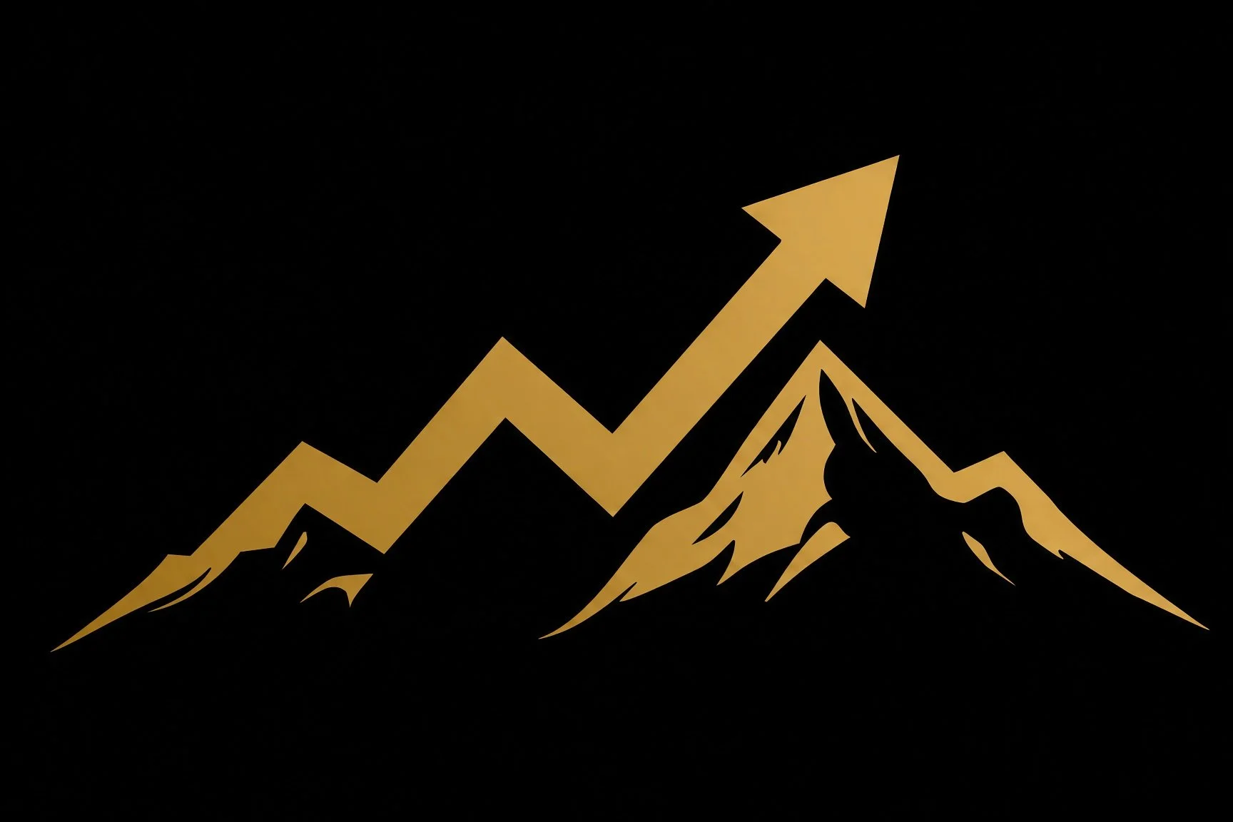 A black background with a gold mountain range and an upward trending arrow integrated into the mountains, symbolizing growth or progress.