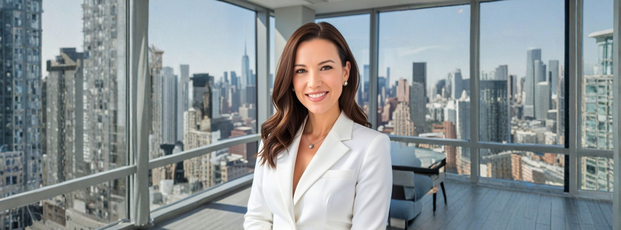 A woman with long brown hair, wearing a white blazer and jewelry, standing in a modern office with a city skyline view.