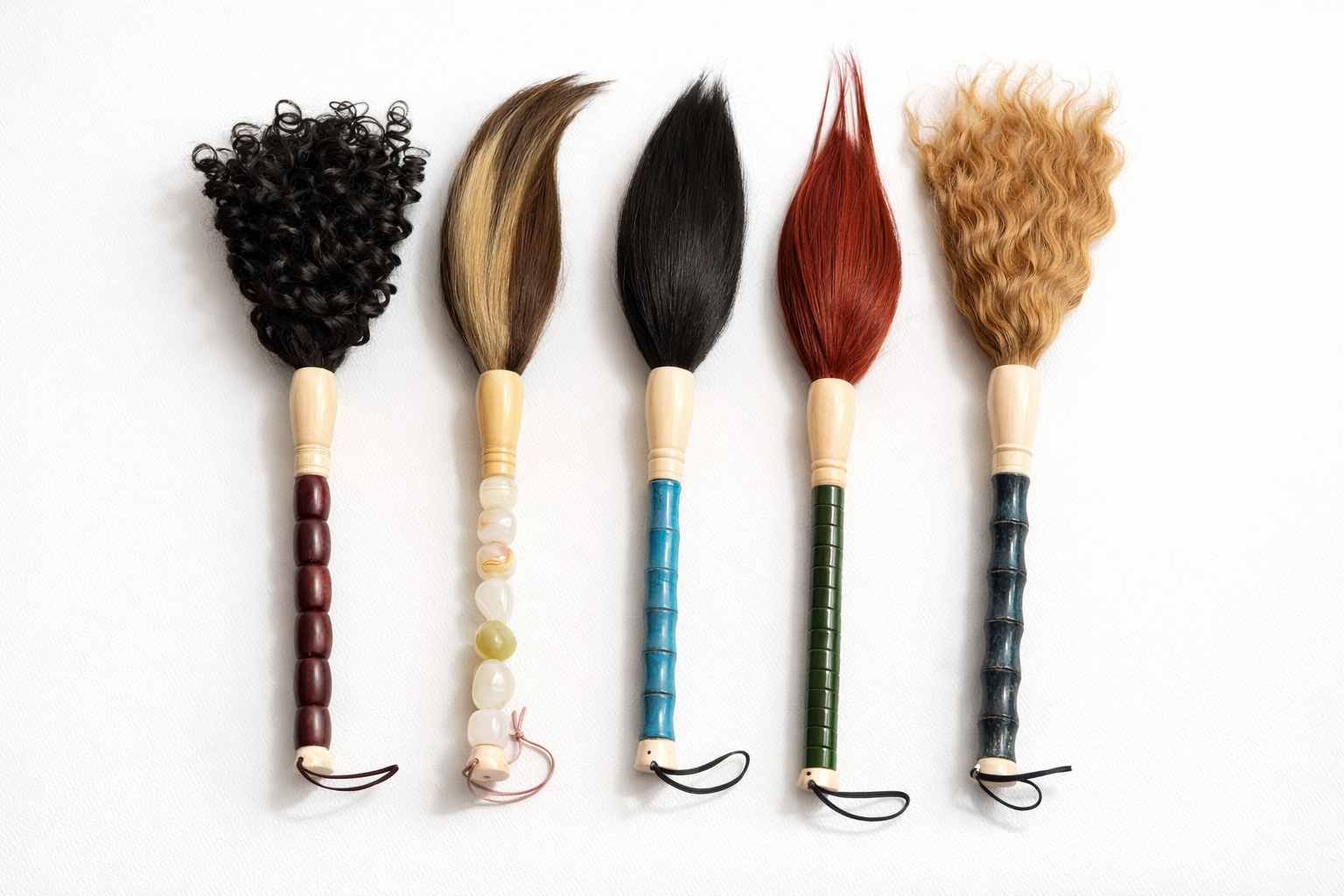 Human hair brushes with sculptural handles, material study from The Quiet Objects by Vigo Leonarte