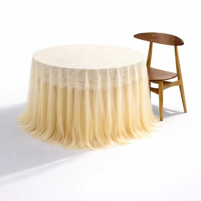 Sculptural round table with human hair fringe and wooden chair, Vigo Leonarte collectible object on white background