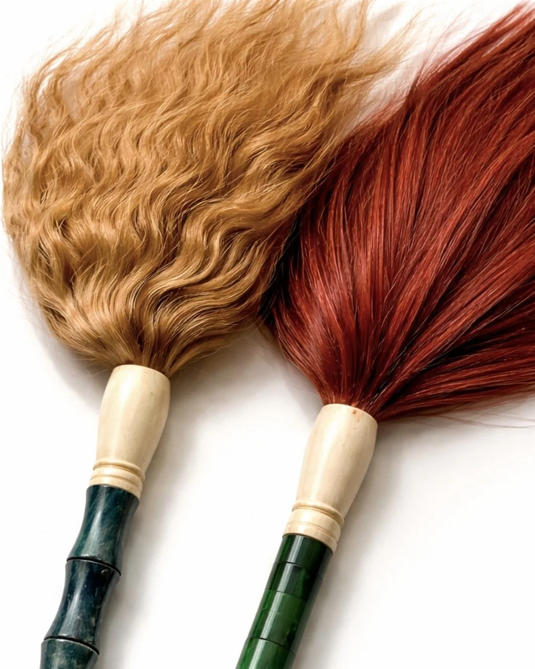 Human hair brushes with dyed strands, sculptural objects from The Quiet Objects series
