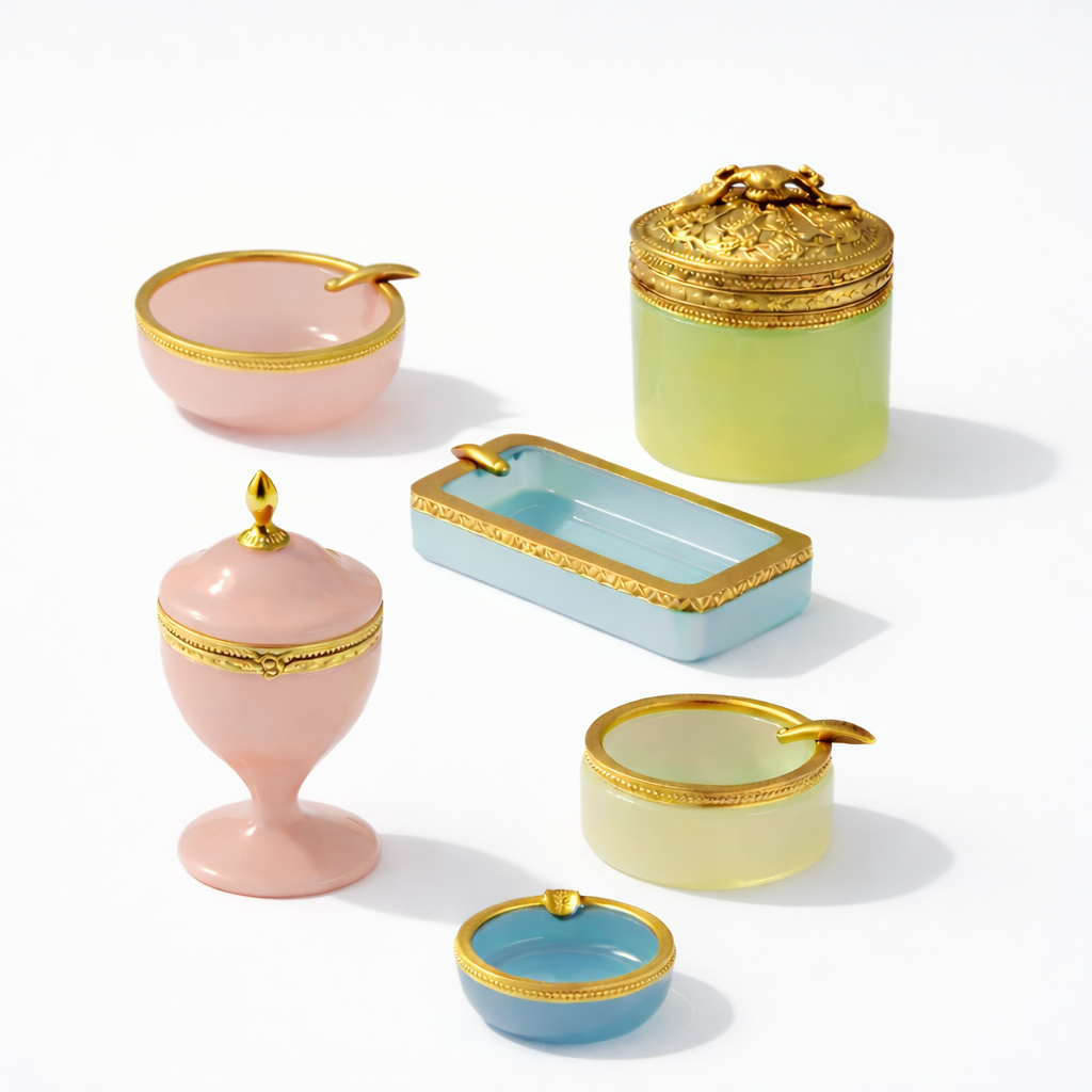 Vintage glass and enamel containers with gold detailing, collectible decorative objects from The Collected Gaze by Vigo Leonarte