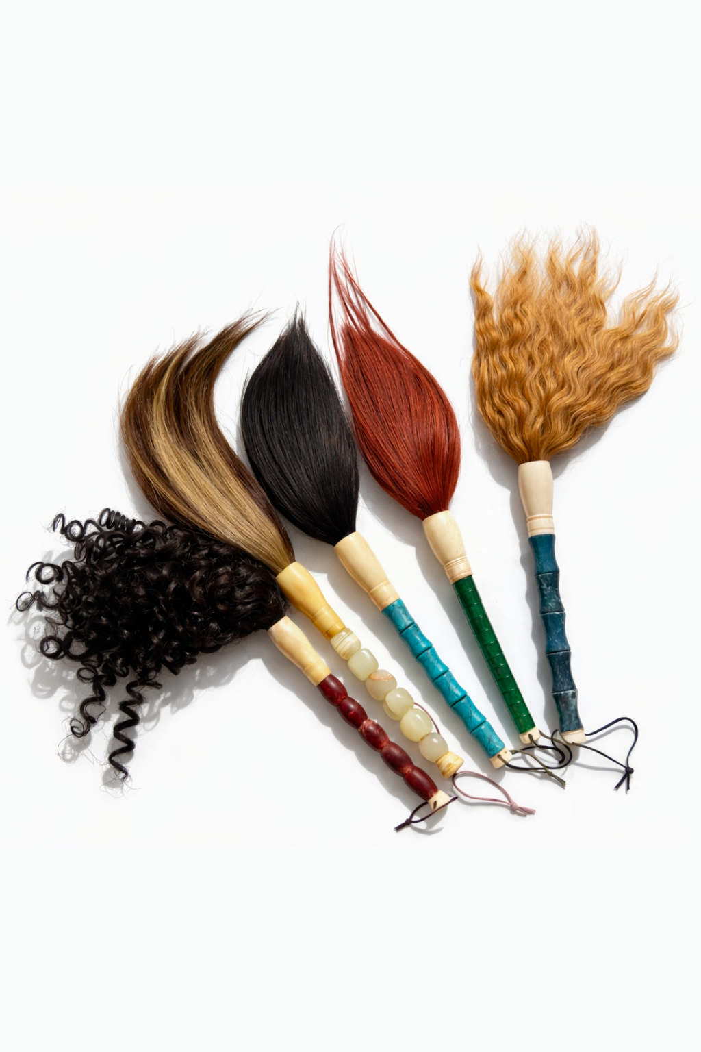 Sculptural human hair pieces with wooden handles, material exploration by Vigo Leonarte