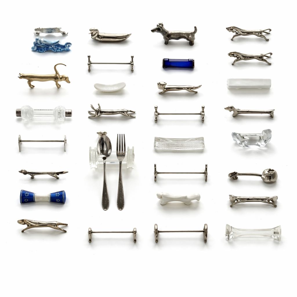 Curated vintage knife rests in metal, glass and ceramic, collectible objects from The Collected Gaze by Vigo Leonarte