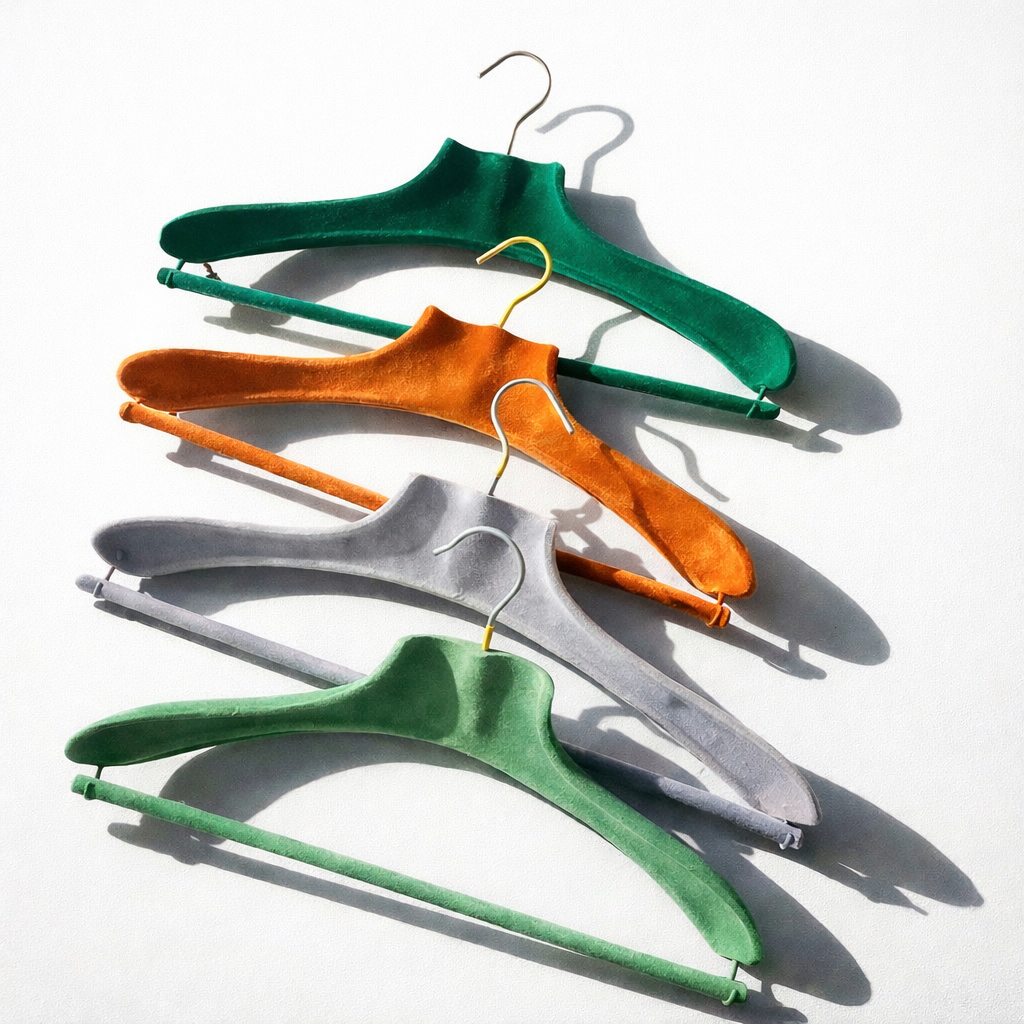 Vintage velvet hangers in multiple colors, curated domestic objects from The Collected Gaze by Vigo Leonarte