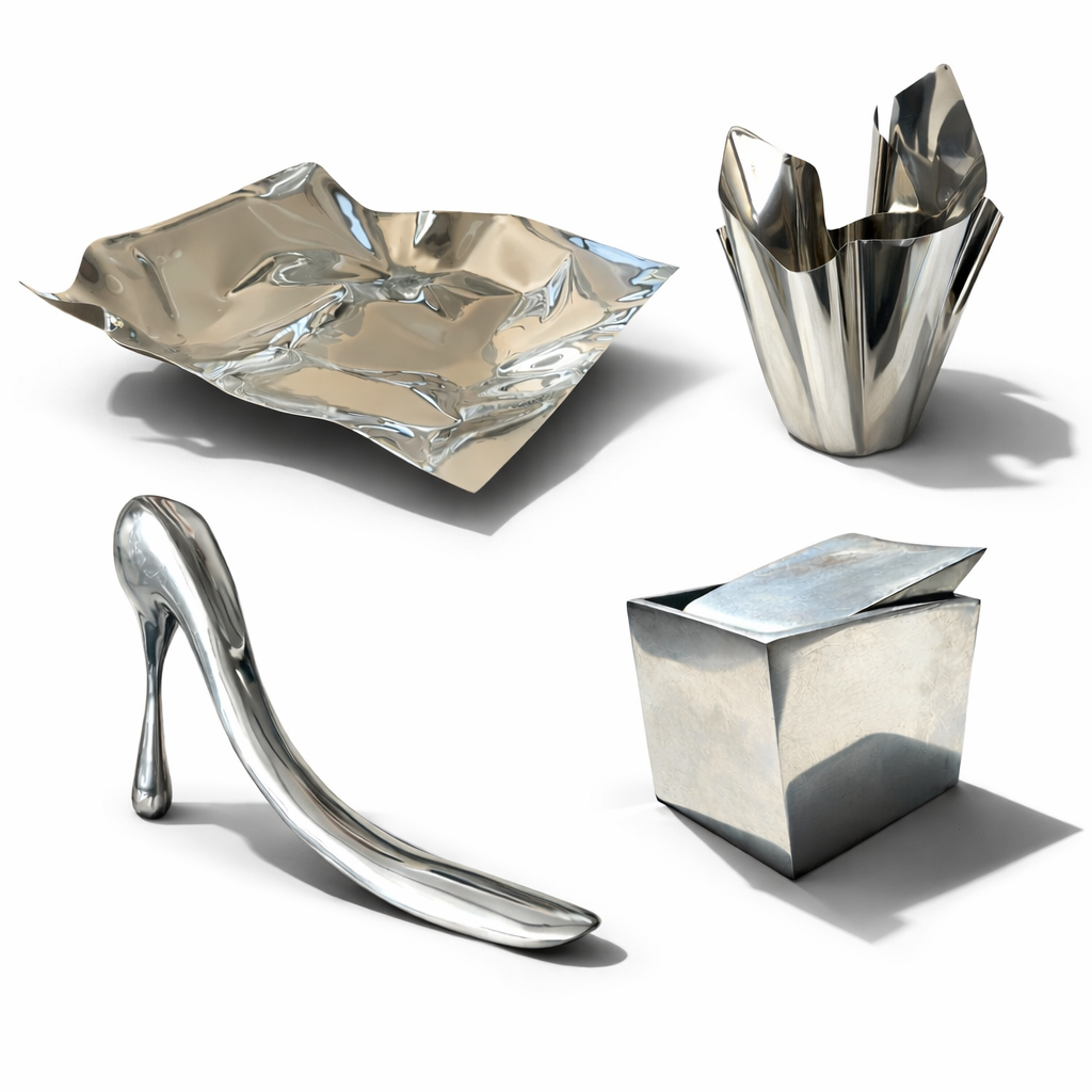 Curated silver metal objects and sculptural forms, reflective surfaces, Vigo Leonarte The Collected Gaze
