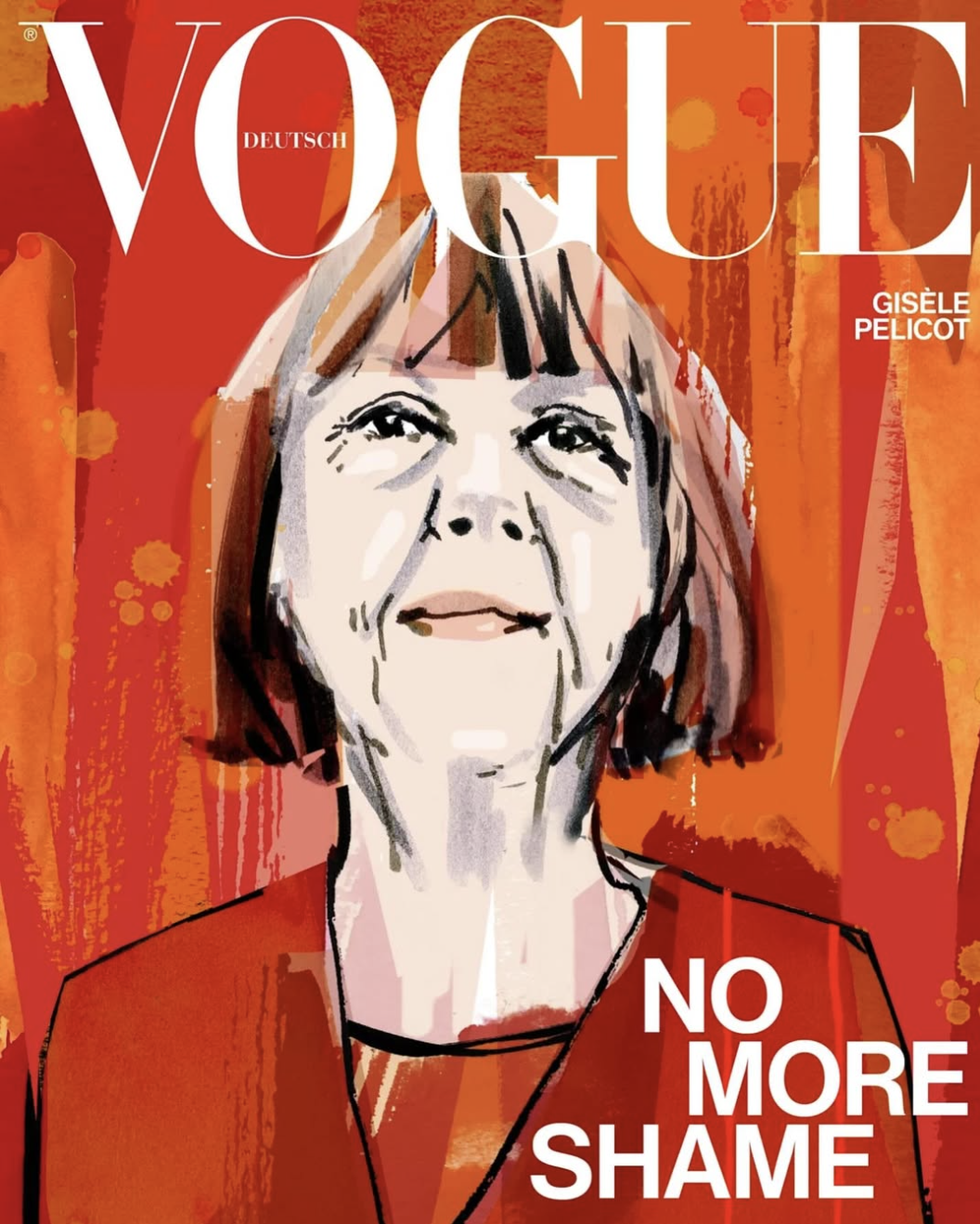 Couverture de Vogue Allemagne avec une illustration d'une femme âgée dans des tons orange et rouge, avec le texte 'NO MORE SHAME' en blanc.
