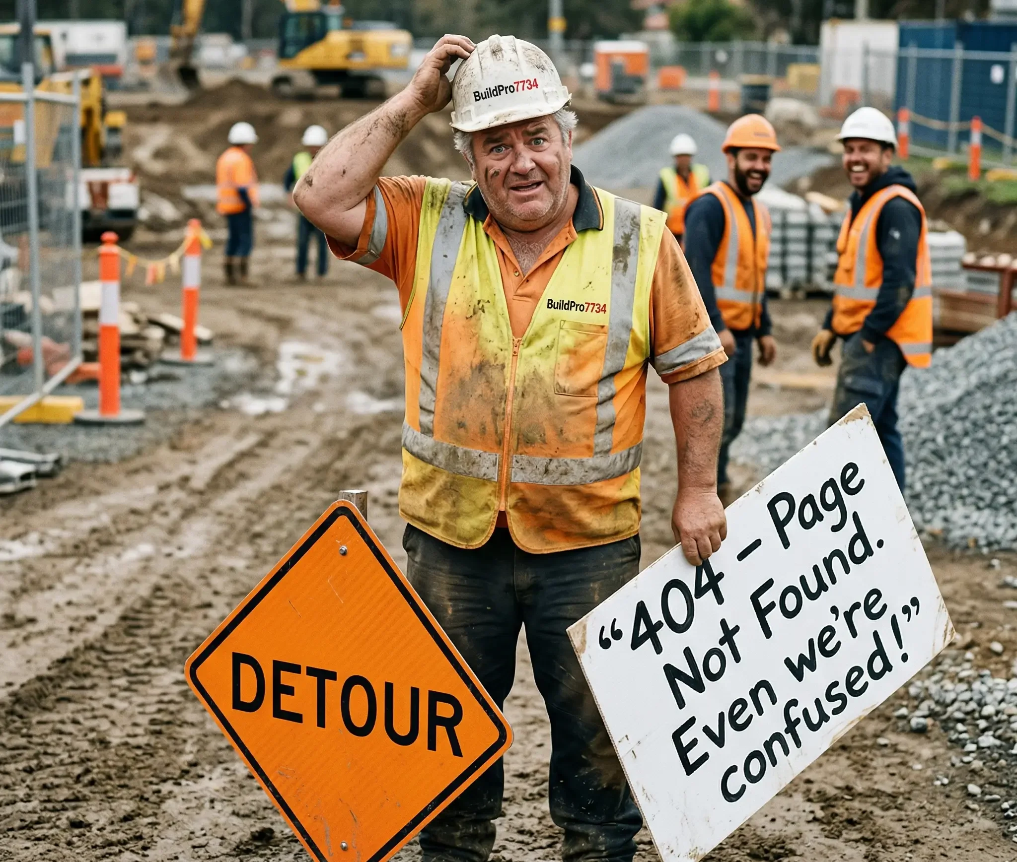 Construction worker in an orange safety vest and hard hat standing at a muddy construction site, holding a white sign with a quote about the 404 page not being found and an orange 'Detour' sign.