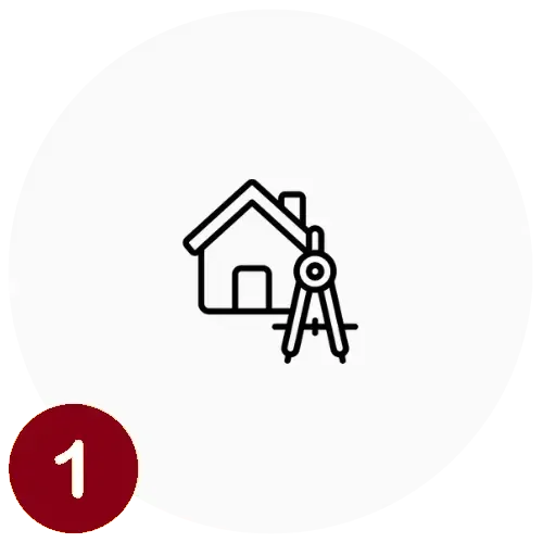 Icon of a house with a compass or drafting tool, with a red circle containing the number 1 at the bottom left.