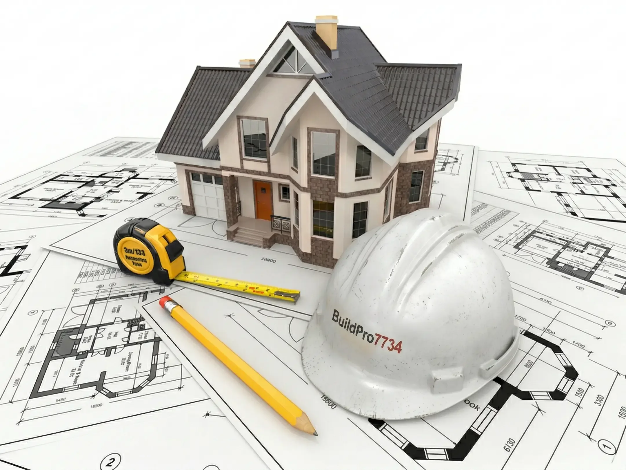 A miniature house model placed on top of architectural blueprints, with a yellow measuring tape, a pencil, and a white construction safety helmet marked 'BuildPro7734' nearby.