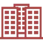 A red logo of a multi-story building with multiple windows.
