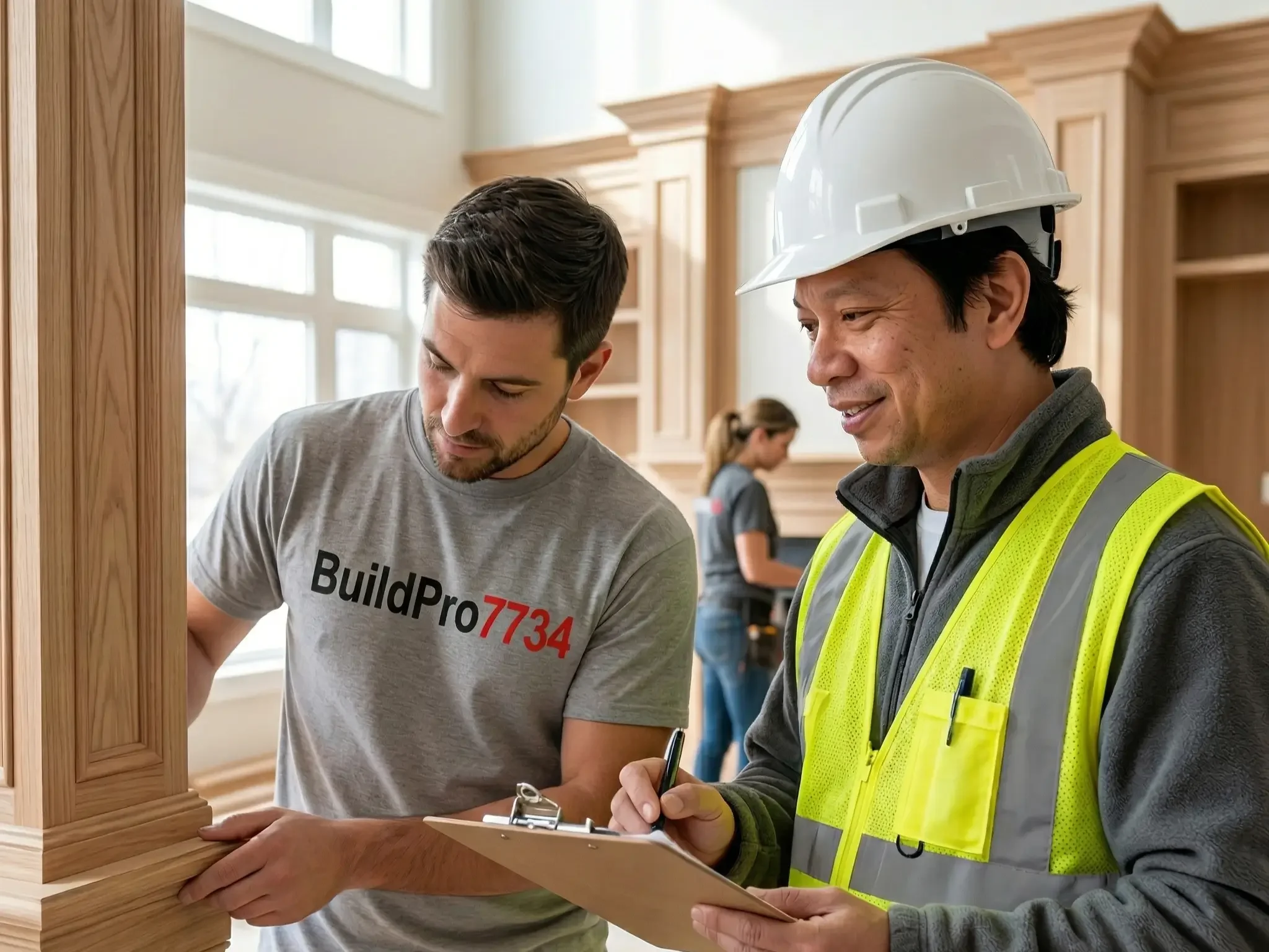 Two men inspecting woodwork at a construction site, one with a pen and clipboard, the other pointing at the wood, with a woman working in the background.