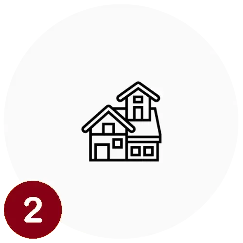Simple logo of a house with additions, with a red circle containing the number 2 at the bottom left.