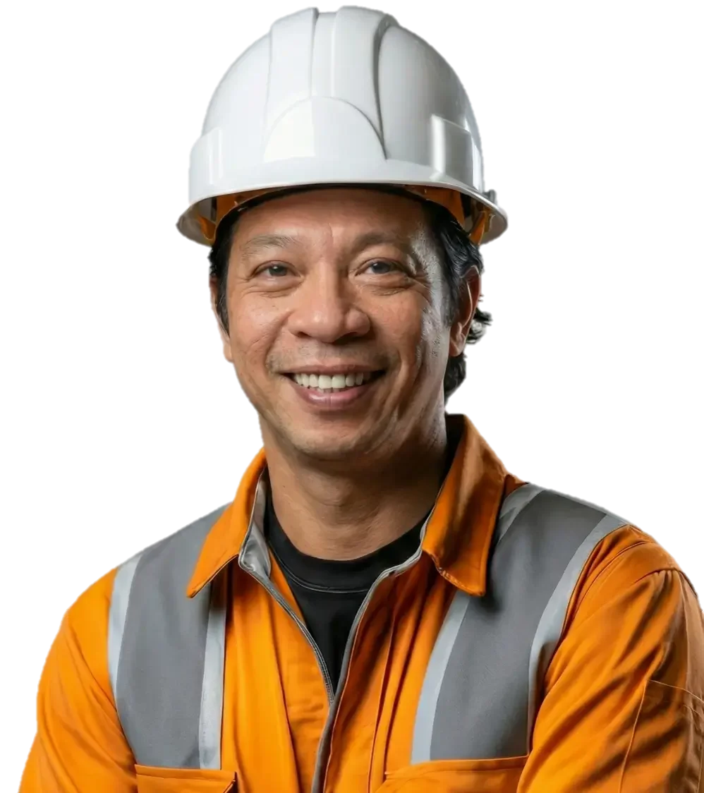 A man wearing a white construction helmet, orange safety vest, and orange shirt, smiling confidently.