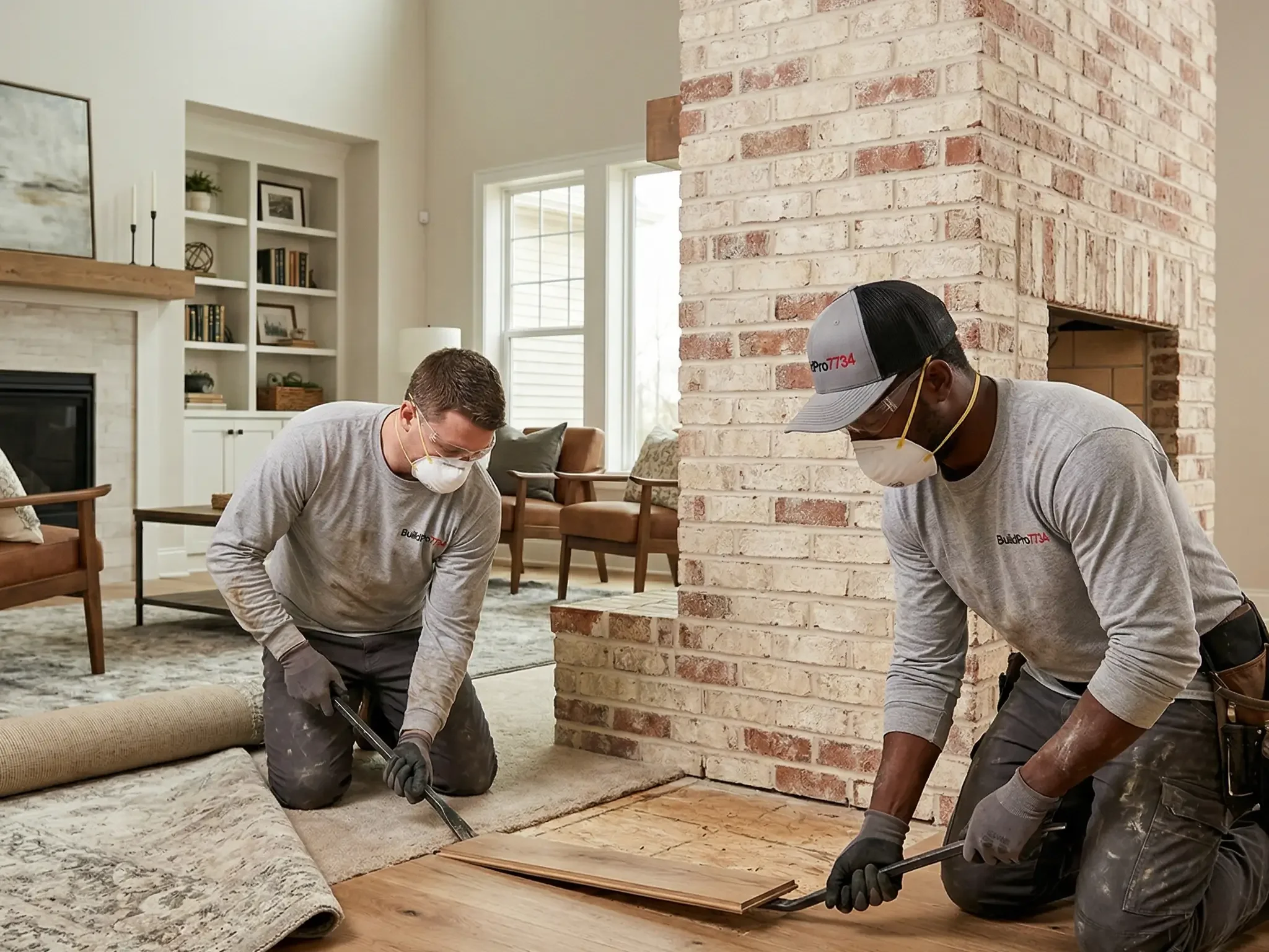 Two workers installing hardwood flooring in a living room, both wearing masks and gloves, with one using a pry bar and pile of rolled carpet nearby.