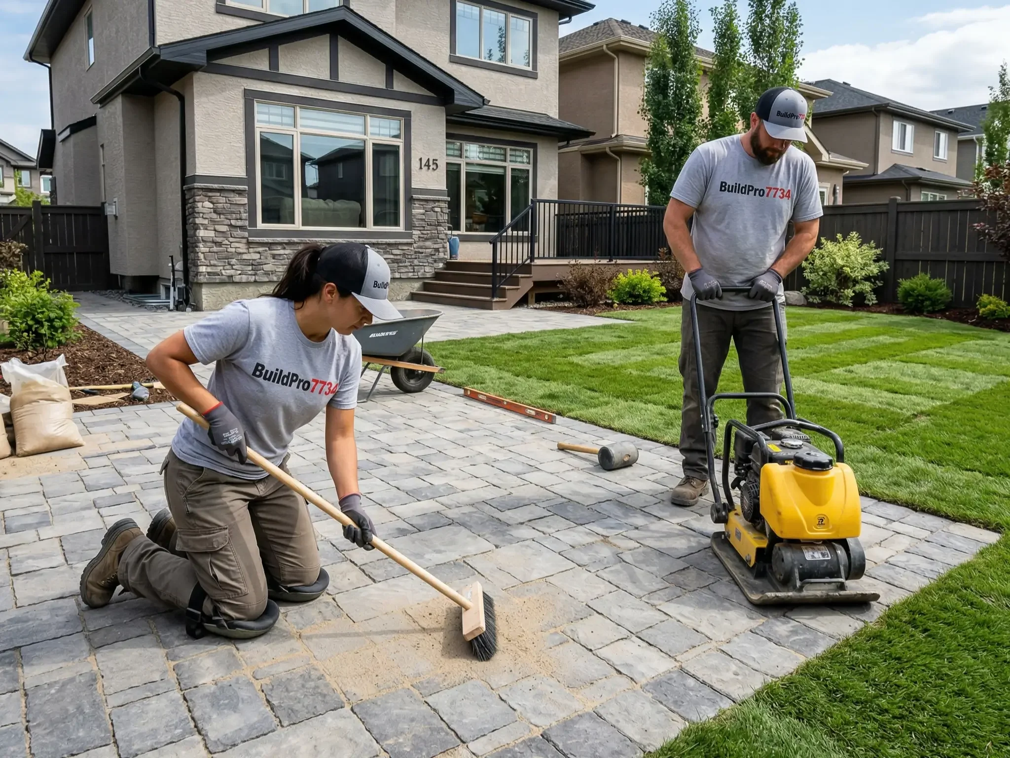 Two people working on installing pavers on a backyard patio, one kneeling with a broom and the other standing with a compactor, in front of a house with a manicured lawn and garden.