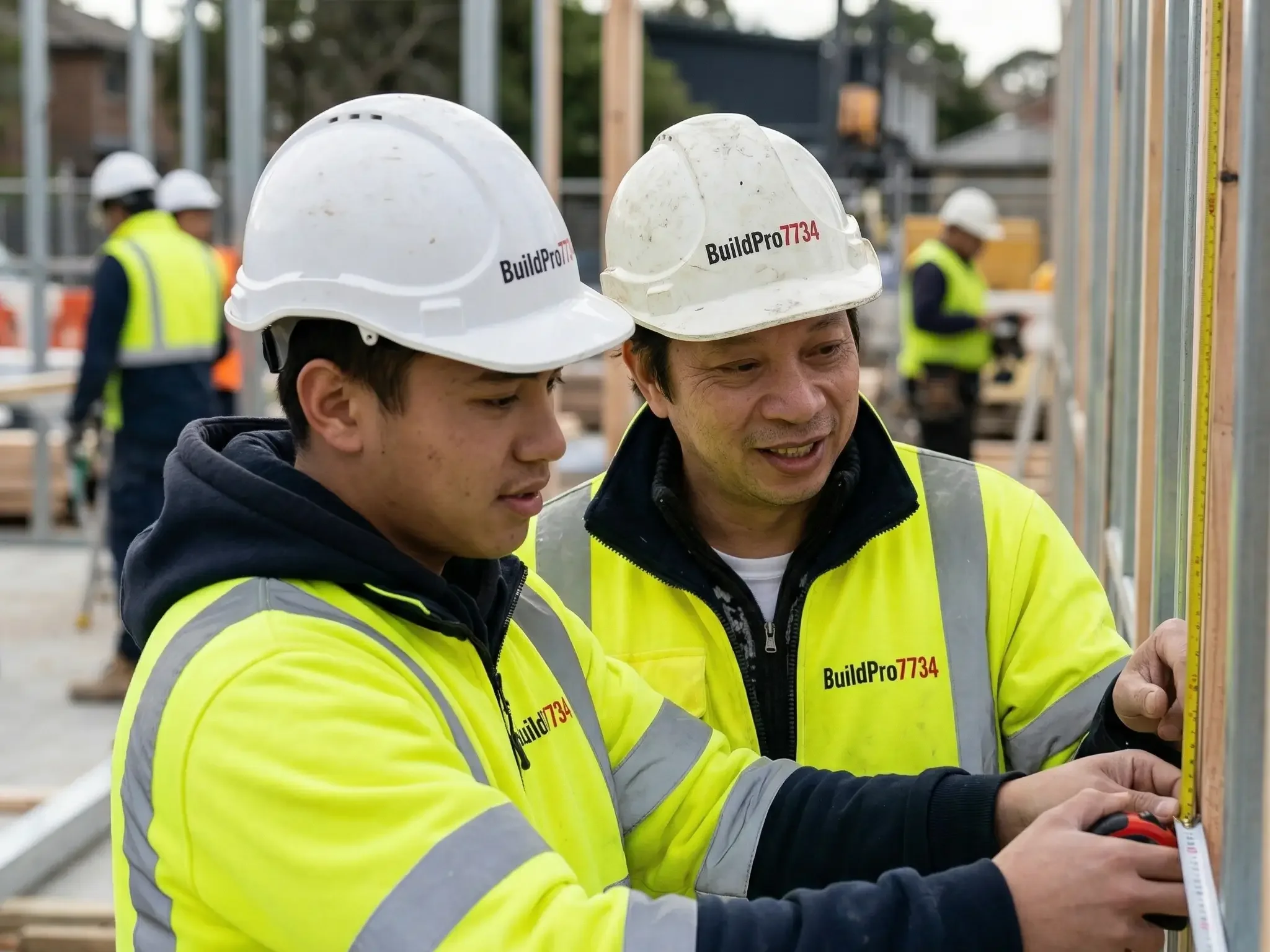 Two construction workers wearing helmets and yellow reflective vests working together on framing.