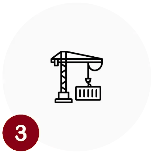 Line drawing of a construction crane lifting a container, with a red circle containing the number 3 at the bottom left.