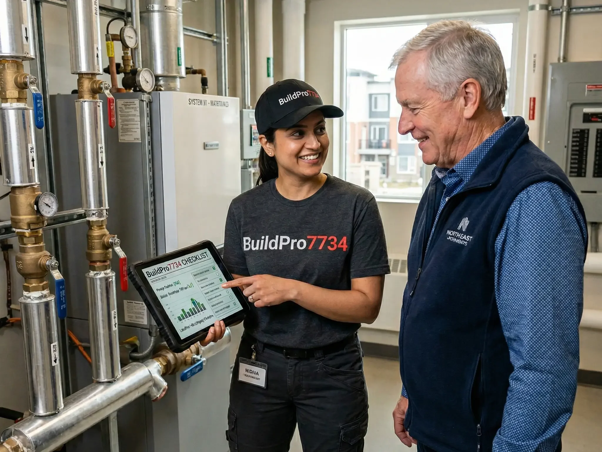 A woman showing a tablet to a man in a technical room with pipes and equipment. Both are smiling.
