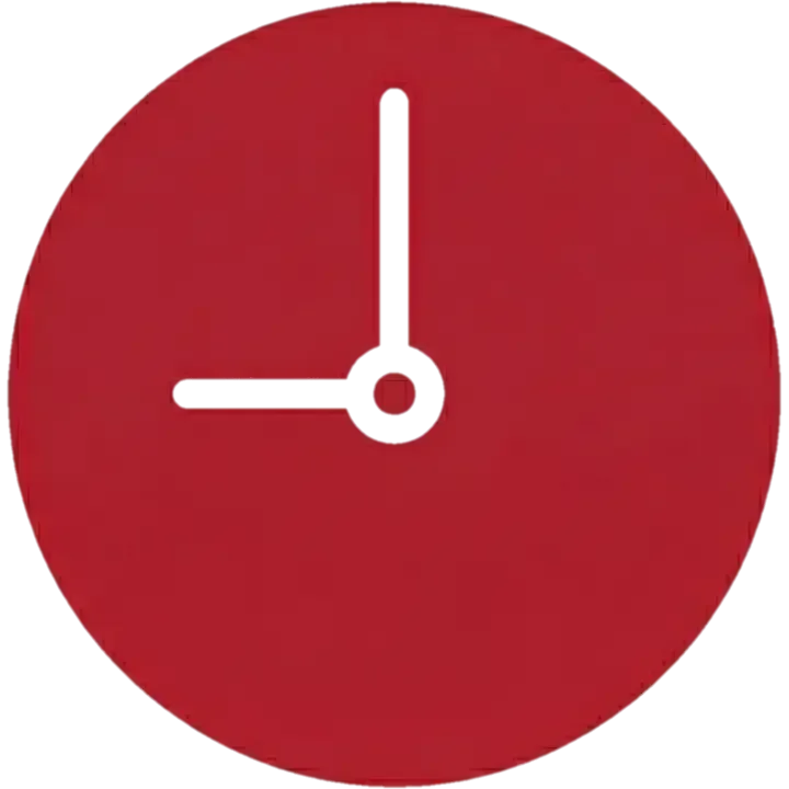 A simple red logo symbolizing a clock