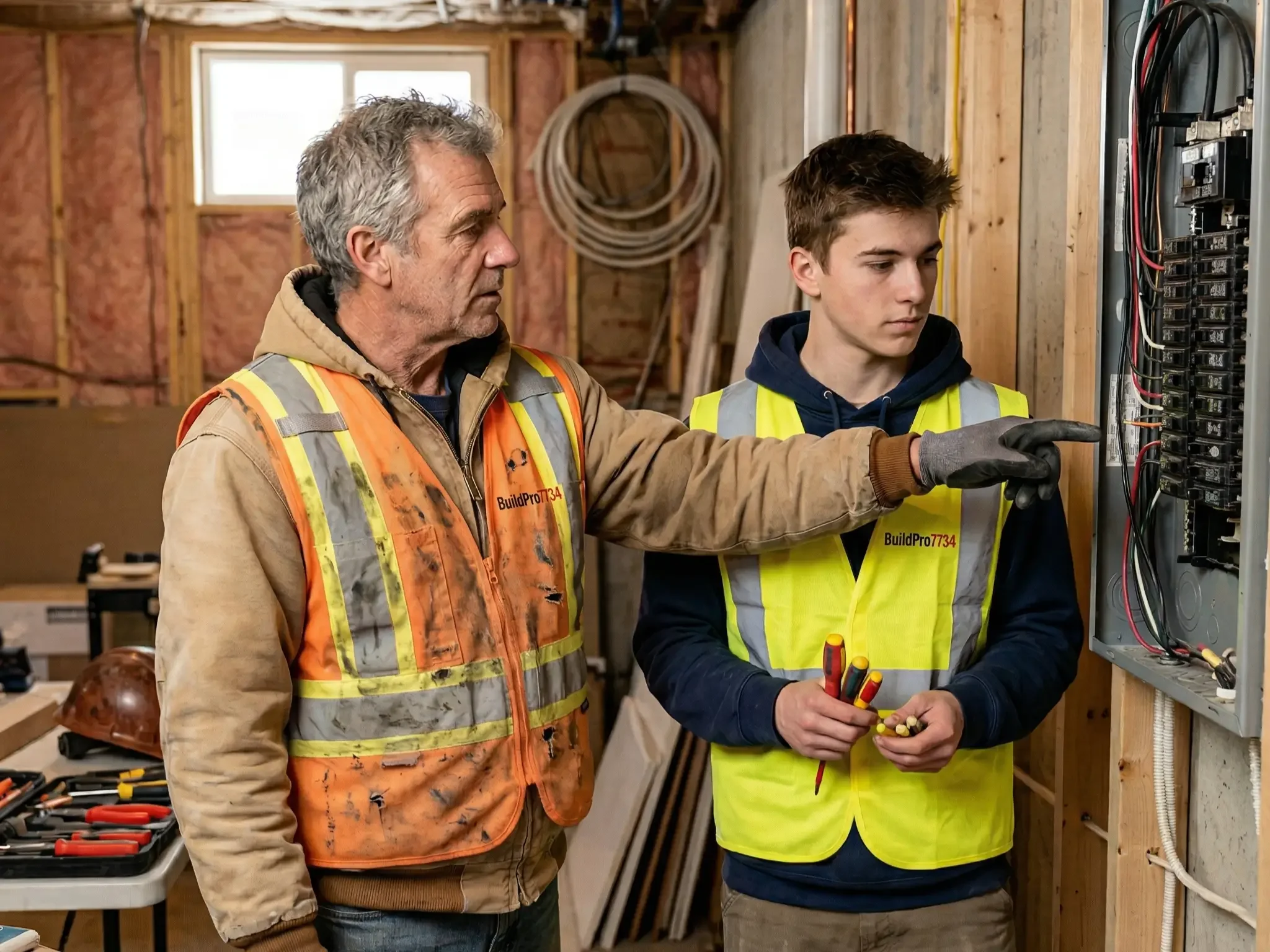 An older man and a teenage boy working together on an electrical panel in a construction site, wearing safety vests and holding tools.