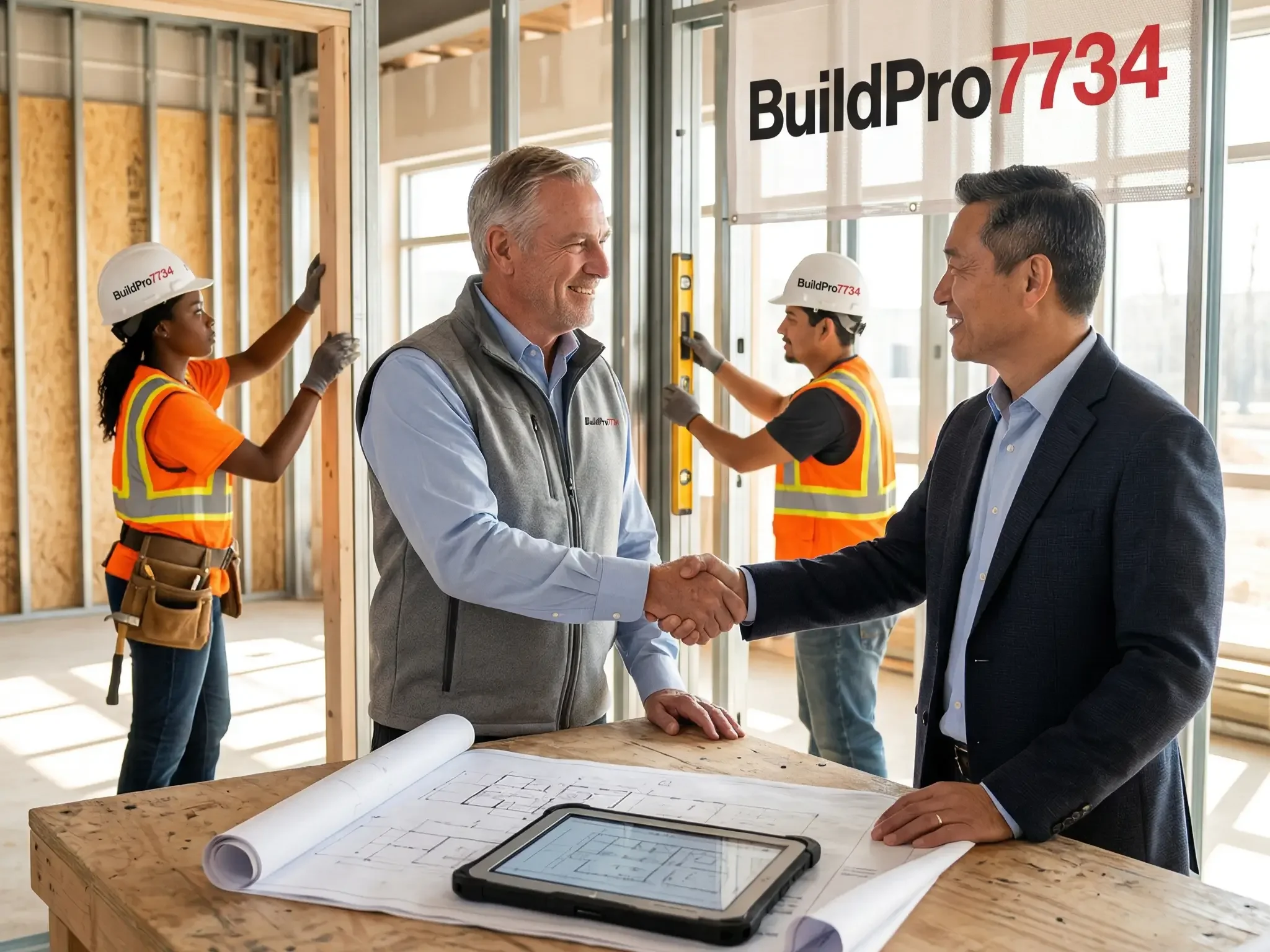 Two men shaking hands inside a construction site, with workers in safety vests and helmets working in the background and a BuildPro7734 sign on the wall.