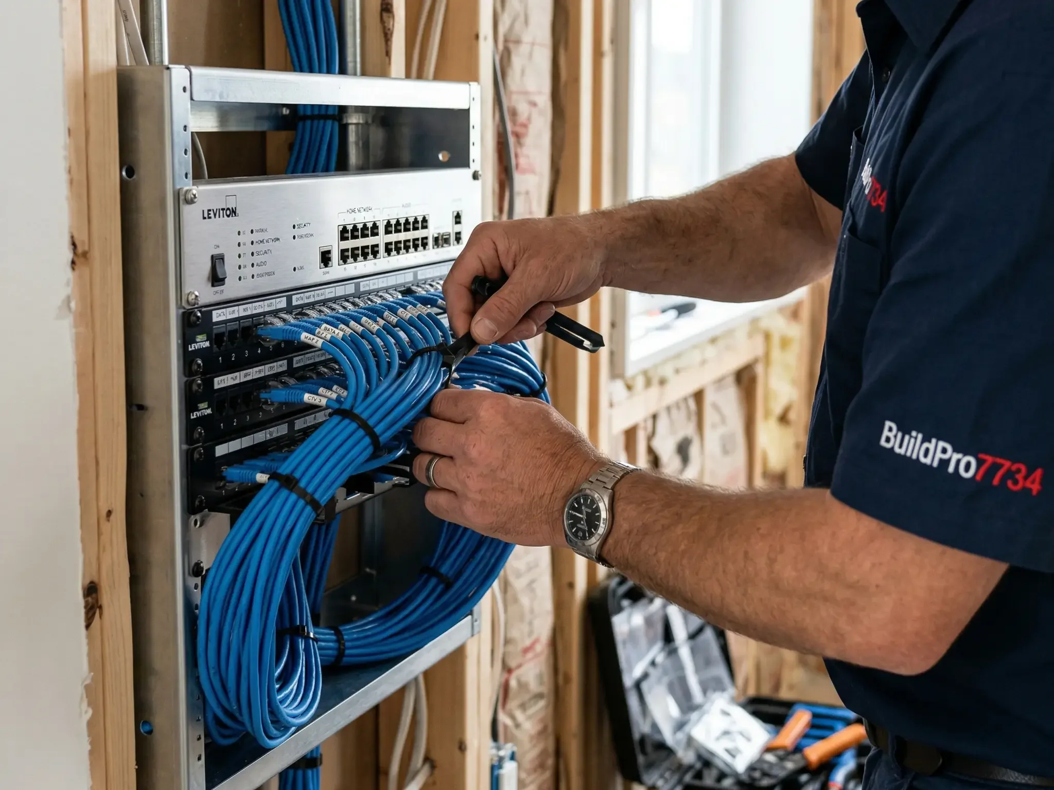 A technician wiring a network patch panel with blue Ethernet cables inside a construction site or electrical room.