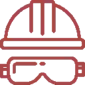 A red logo of a hardhat and safety glasses.