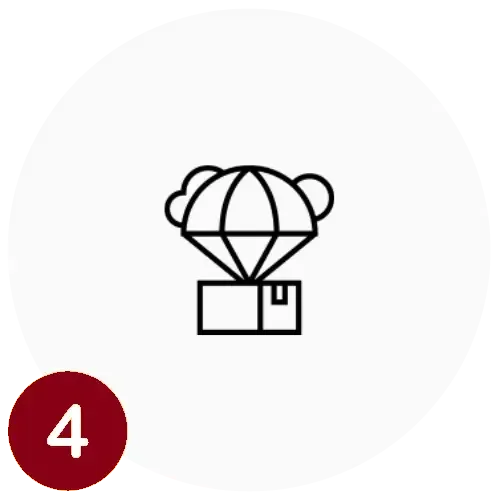 A line drawing of a hot air balloon with a crate hanging below, with a red circle containing the number 4 at the bottom left.