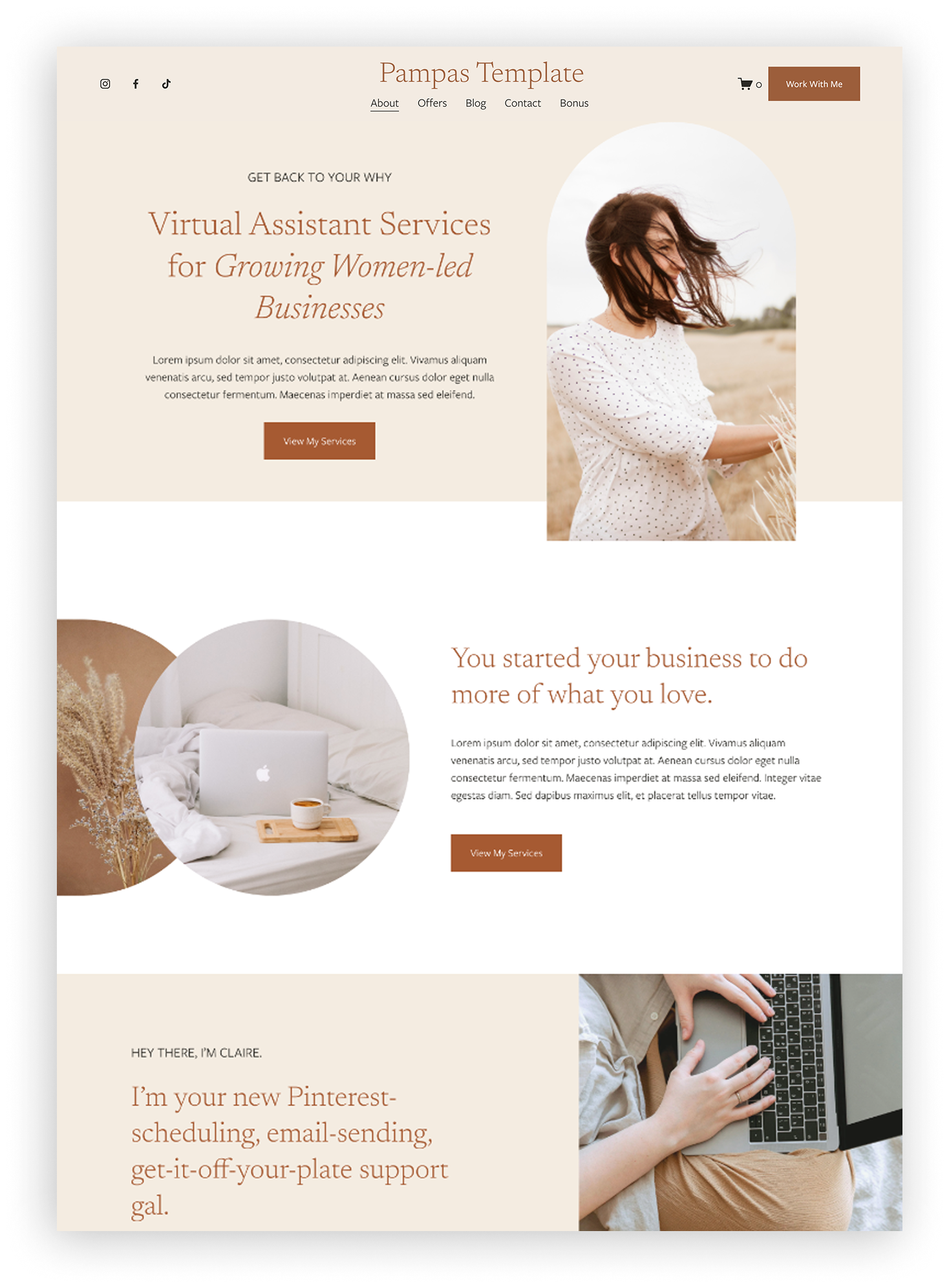 Website homepage for a virtual assistant service called Pampas Template, featuring a woman at the beach and interior images of a laptop, bed, and decor.