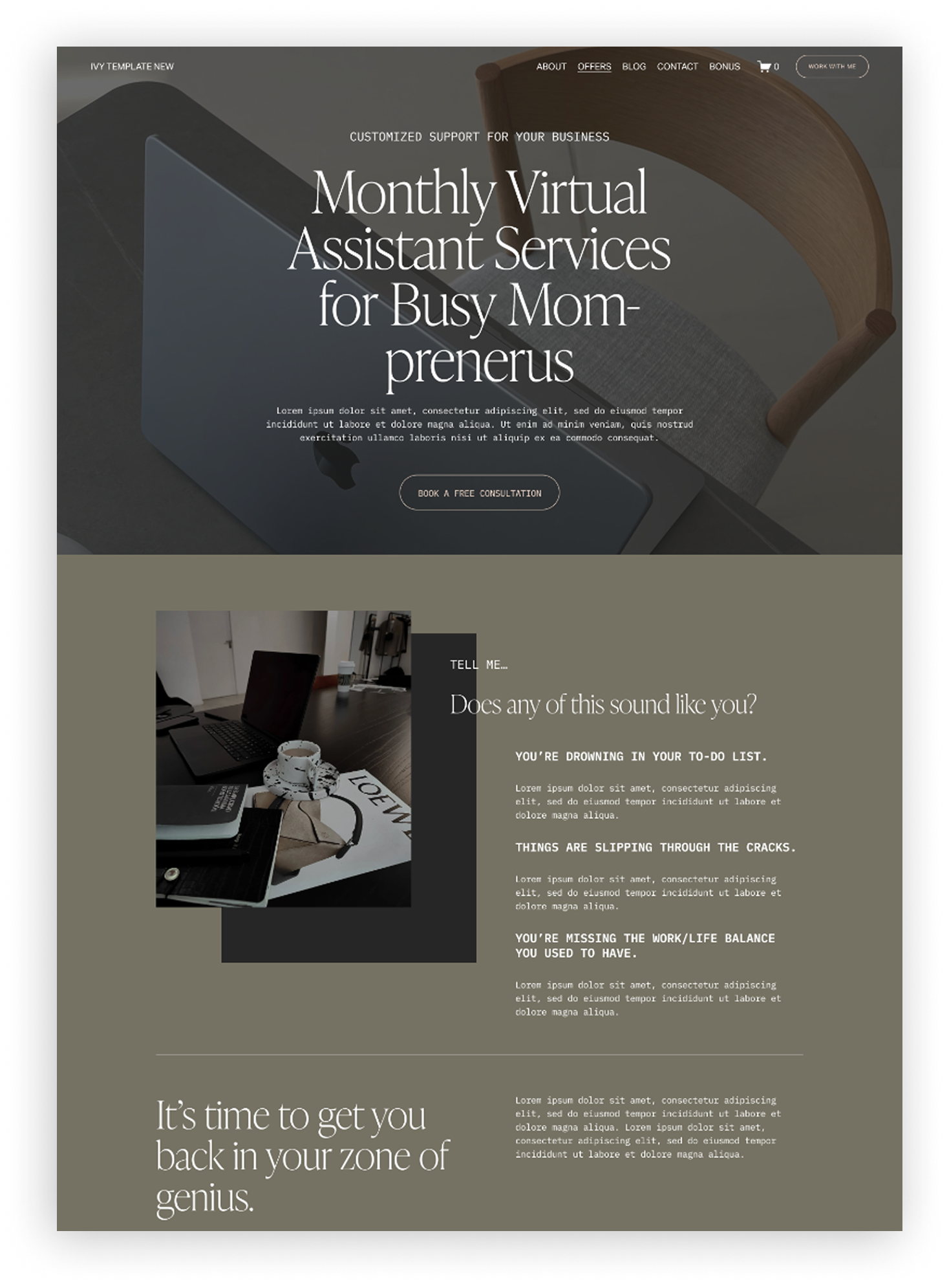 Homepage of a website offering monthly virtual assistant services for busy moms, featuring a dark themed design with images of a laptop and workspace.