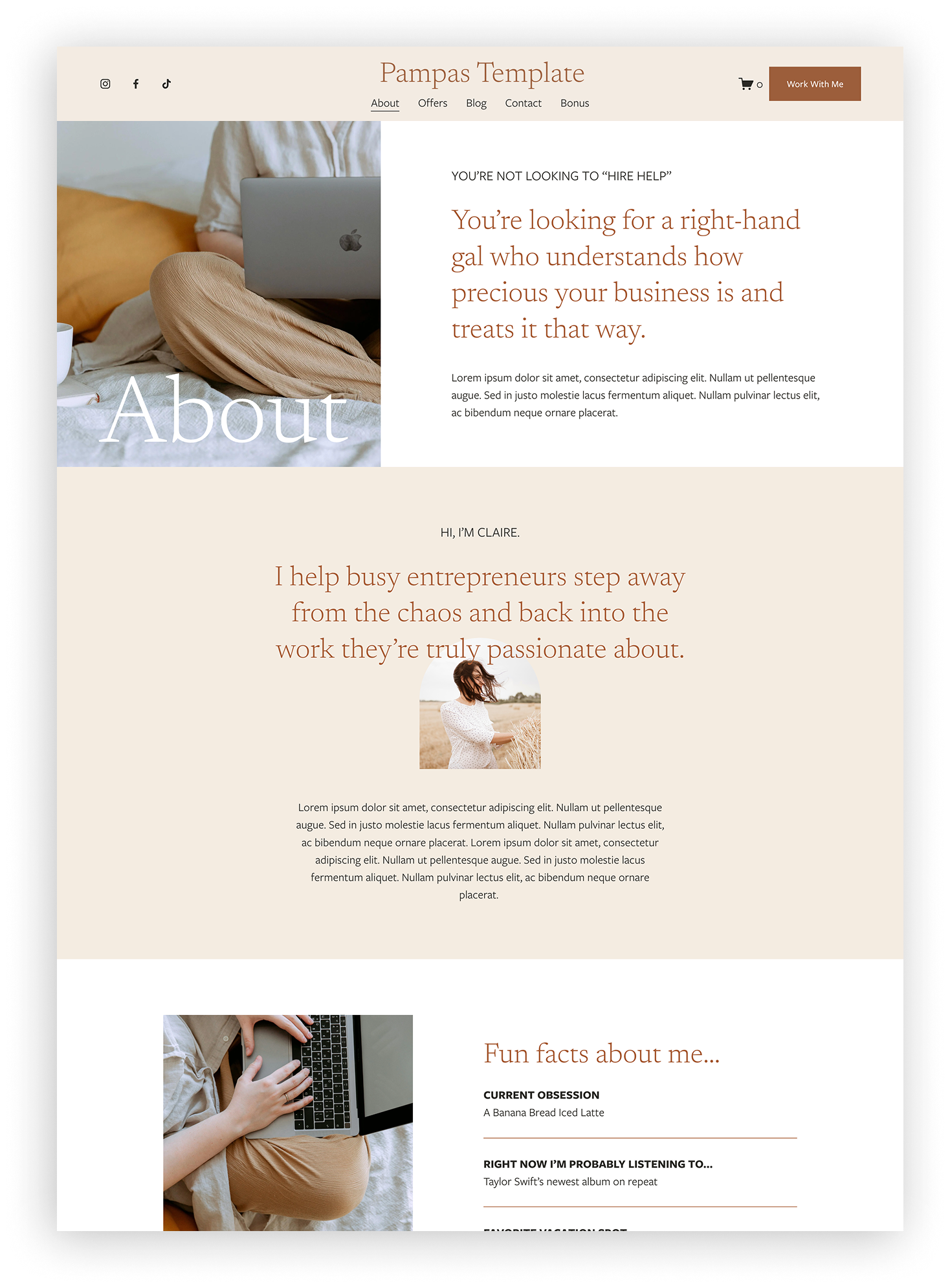 Screen capture of a website homepage titled 'Pampas Template' with a navigation menu, images of a woman working on a laptop, and text sections about entrepreneurship and personal interests.